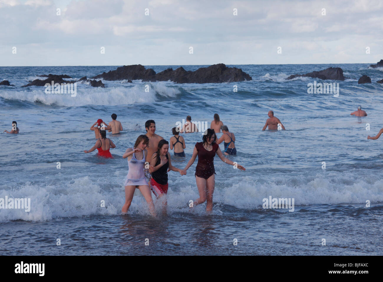 Christmas Day Swim at Crooklets Beach, Bude, Cornwall. Stock Photo