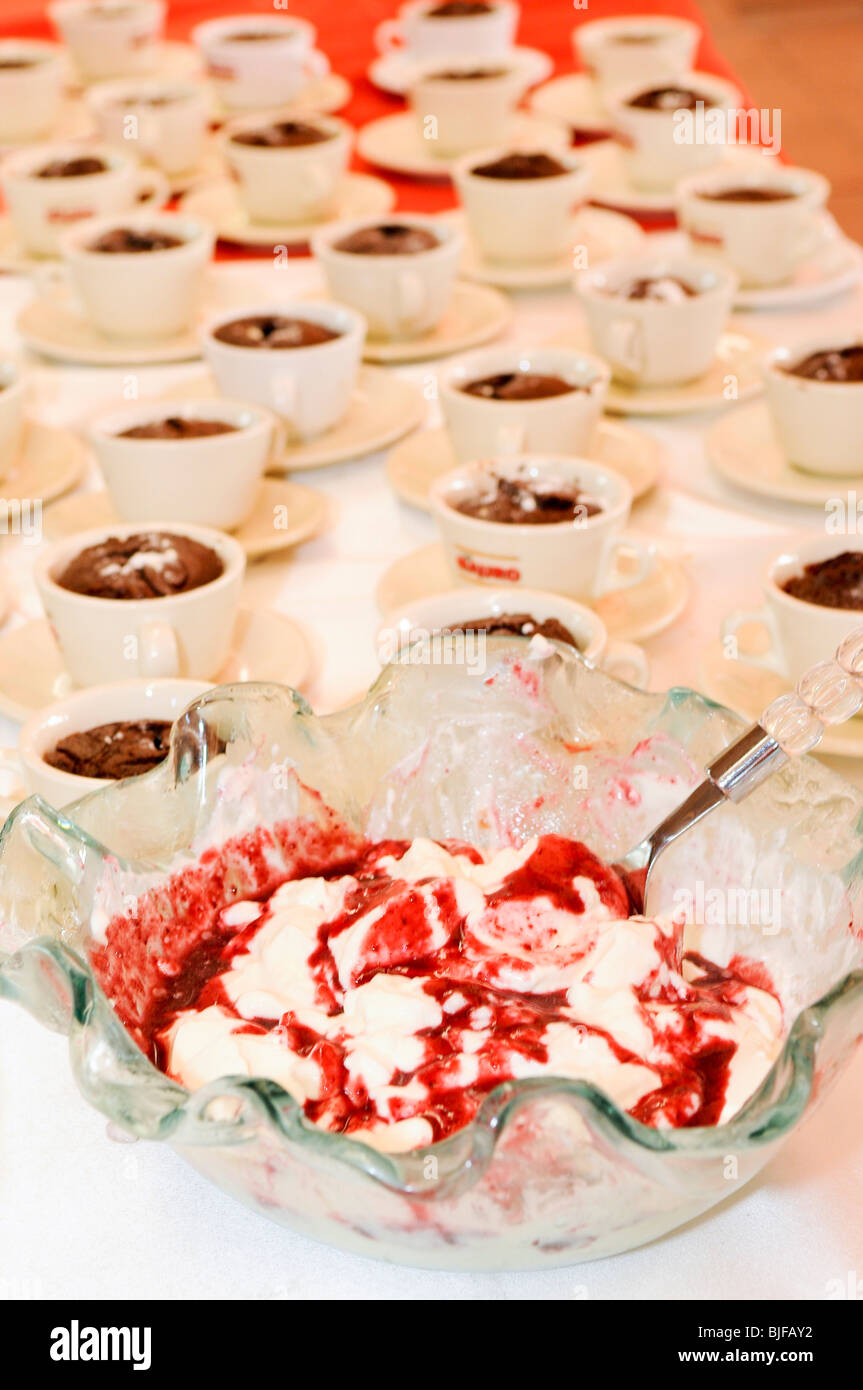 Chocolate souffle and Vanilla ice cream with raspberry sauce Stock