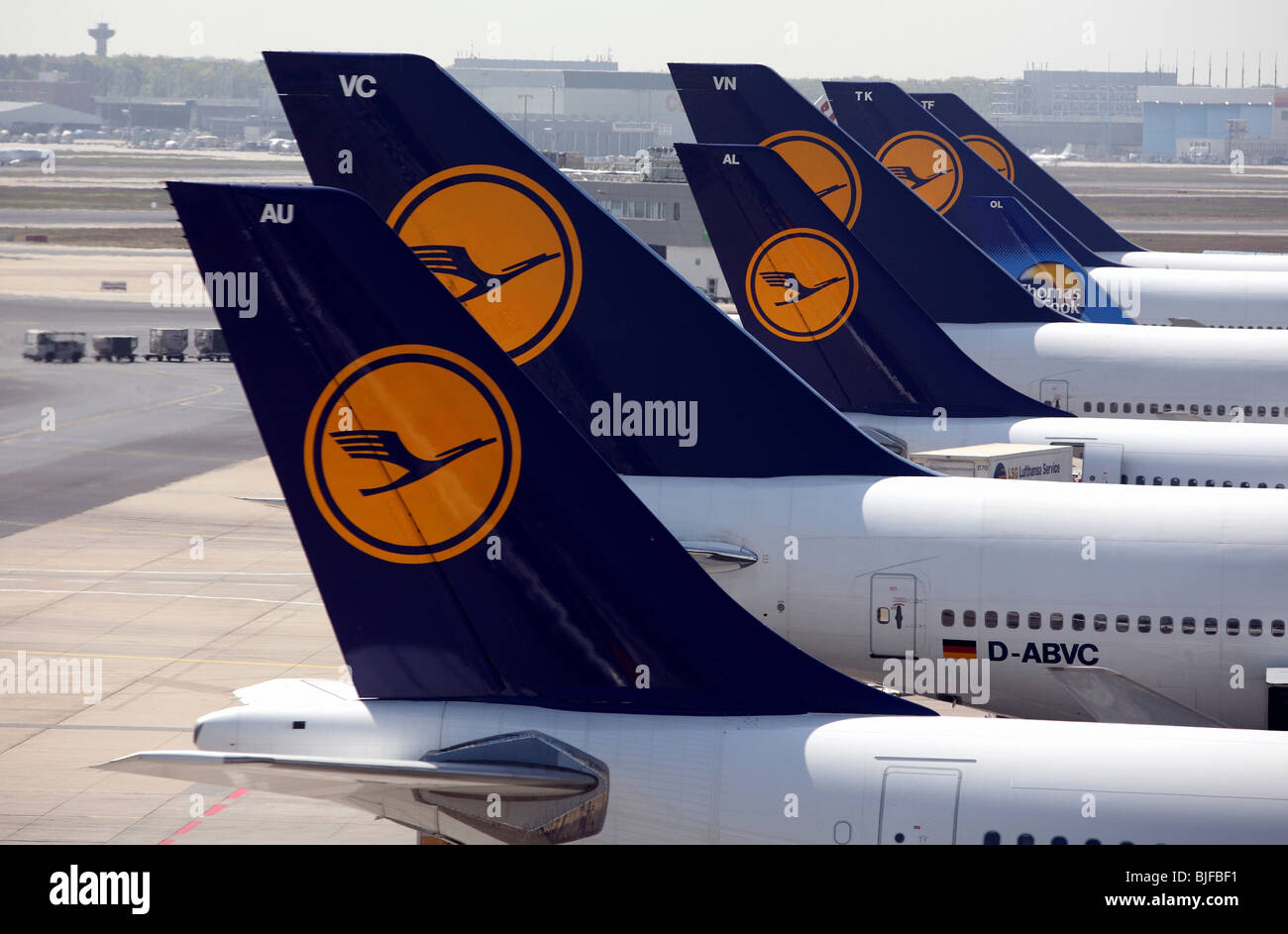 Machines of Lufthansa and of Thomas Cook at the airport, Frankfurt am Main, Germany Stock Photo