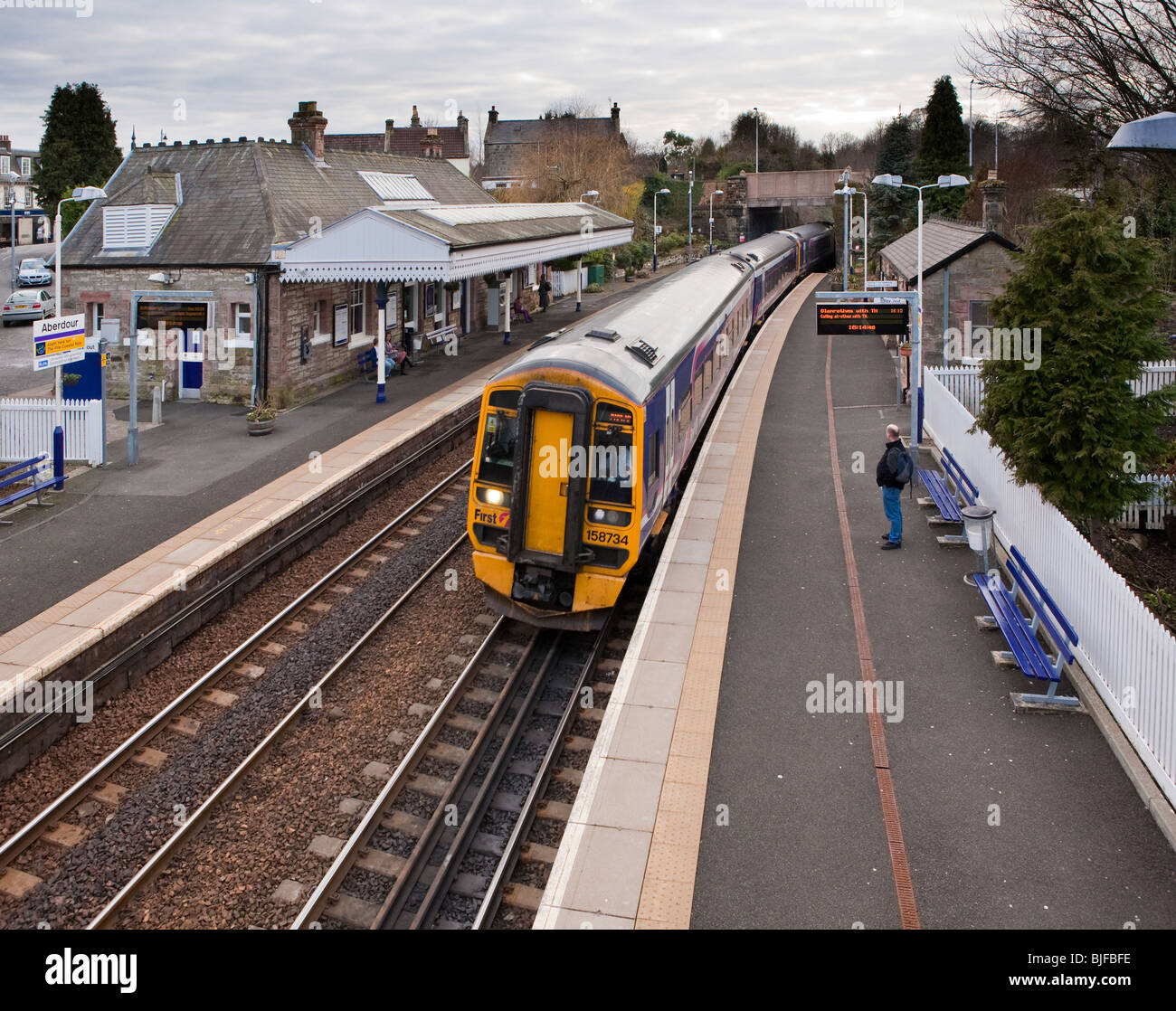 Scotrail Class 158 in Aberdour Railway Station, Aberdour, Fife, Scotland Stock Photo