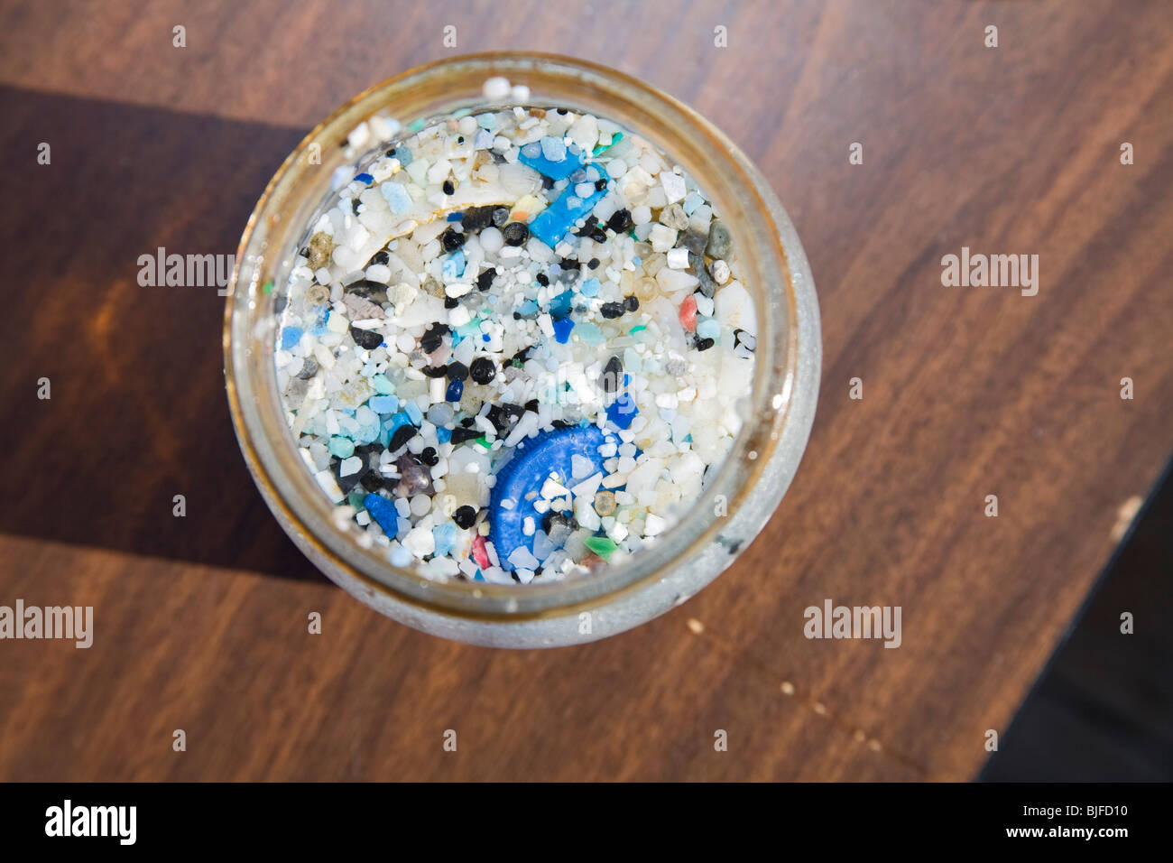 Plastic sample jars taken from trawls from the “great Pacific garbage patch'.  Long Beach, California, USA Stock Photo