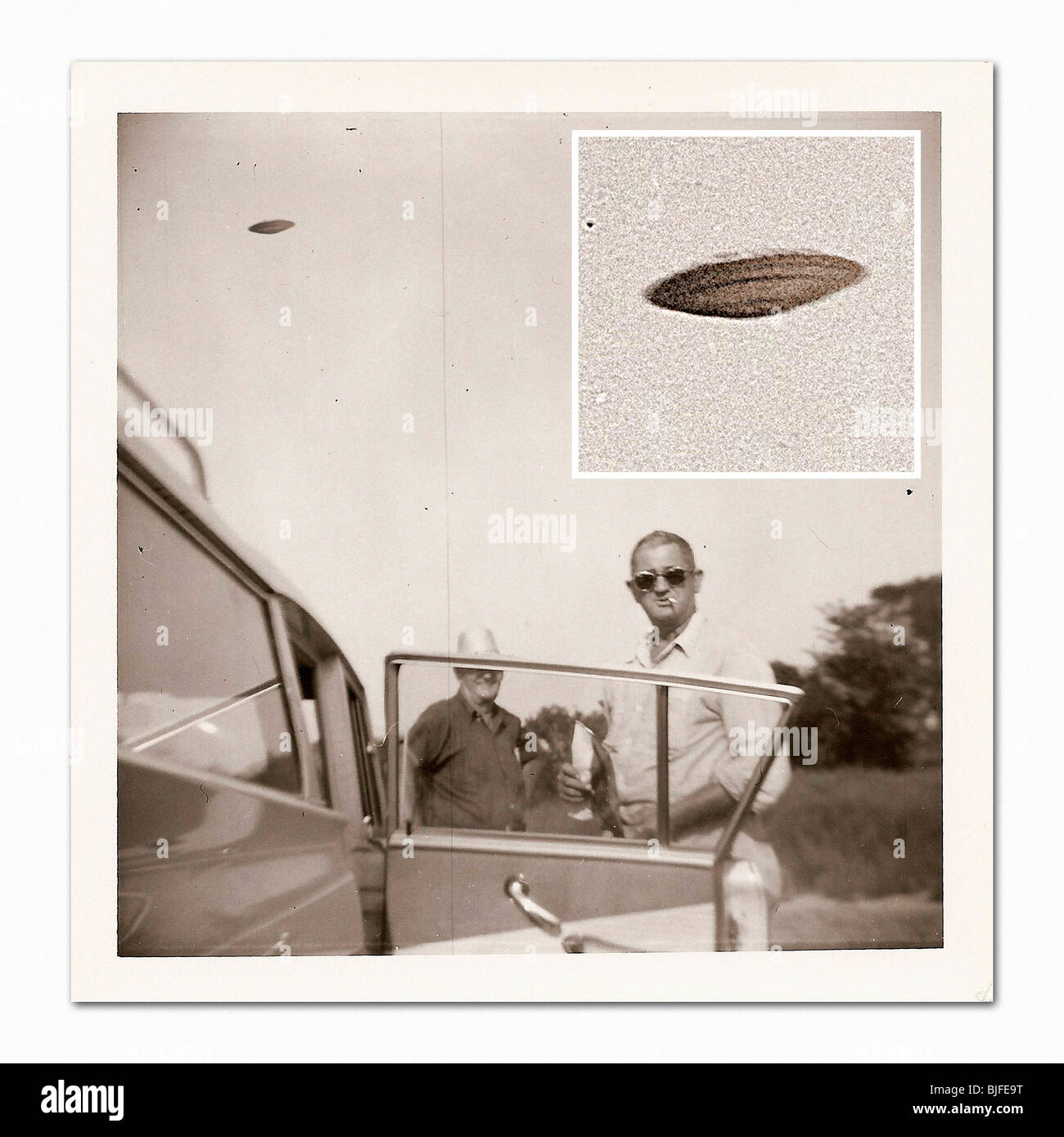 Vintage UFO sighting in old Polaroid photo Stock Photo