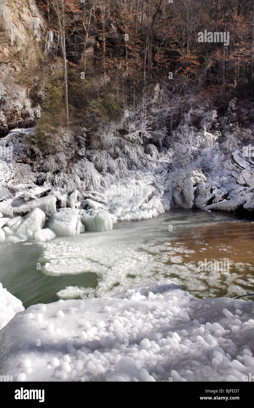 A frozen pond at the bottom of Toccoa falls (northern Georgia) in winter. Stock Photo