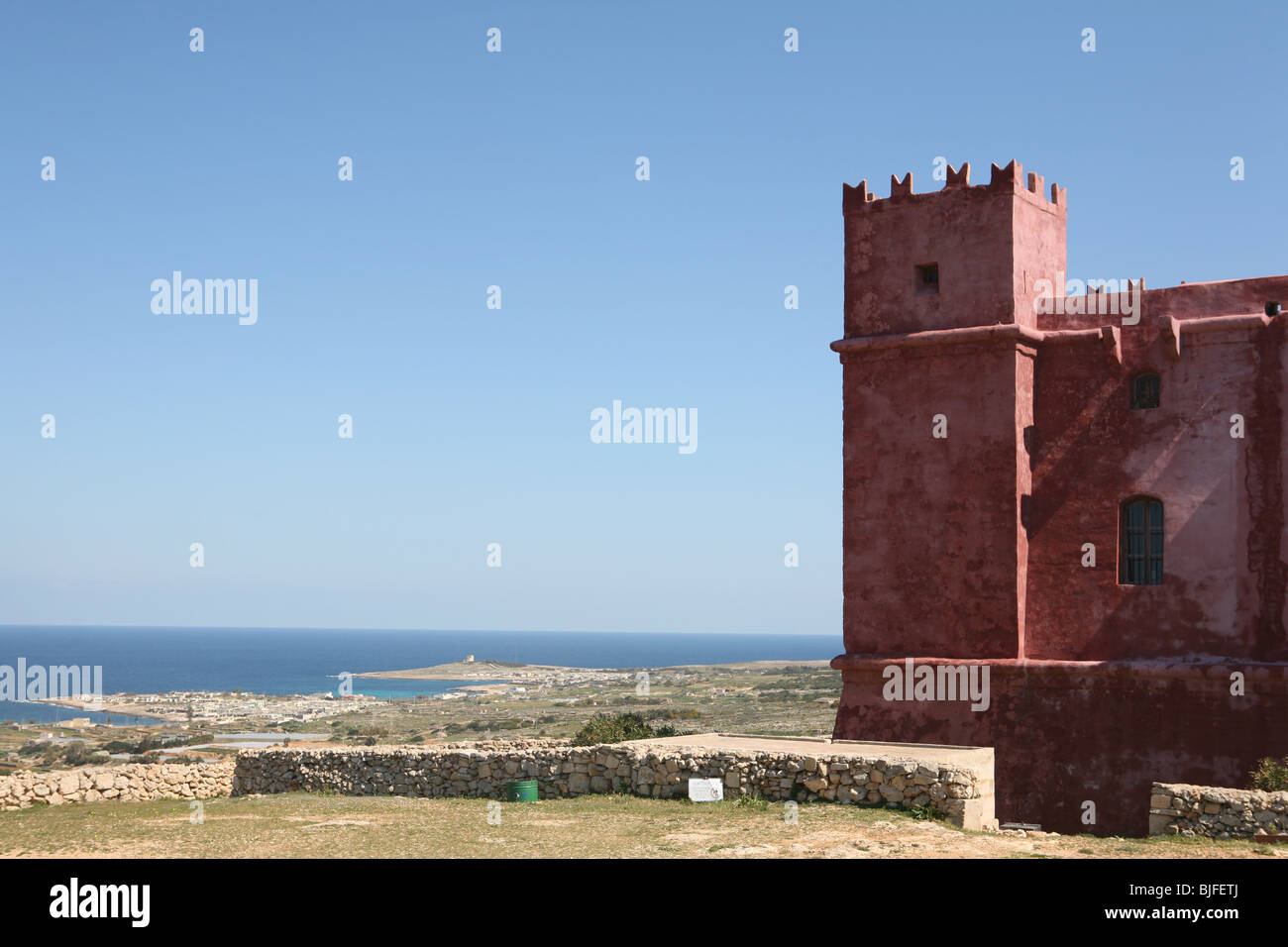 The Red tower on Marfa Ridge near Cirkewwa on Malta  - the island  in the Mediterranean Stock Photo