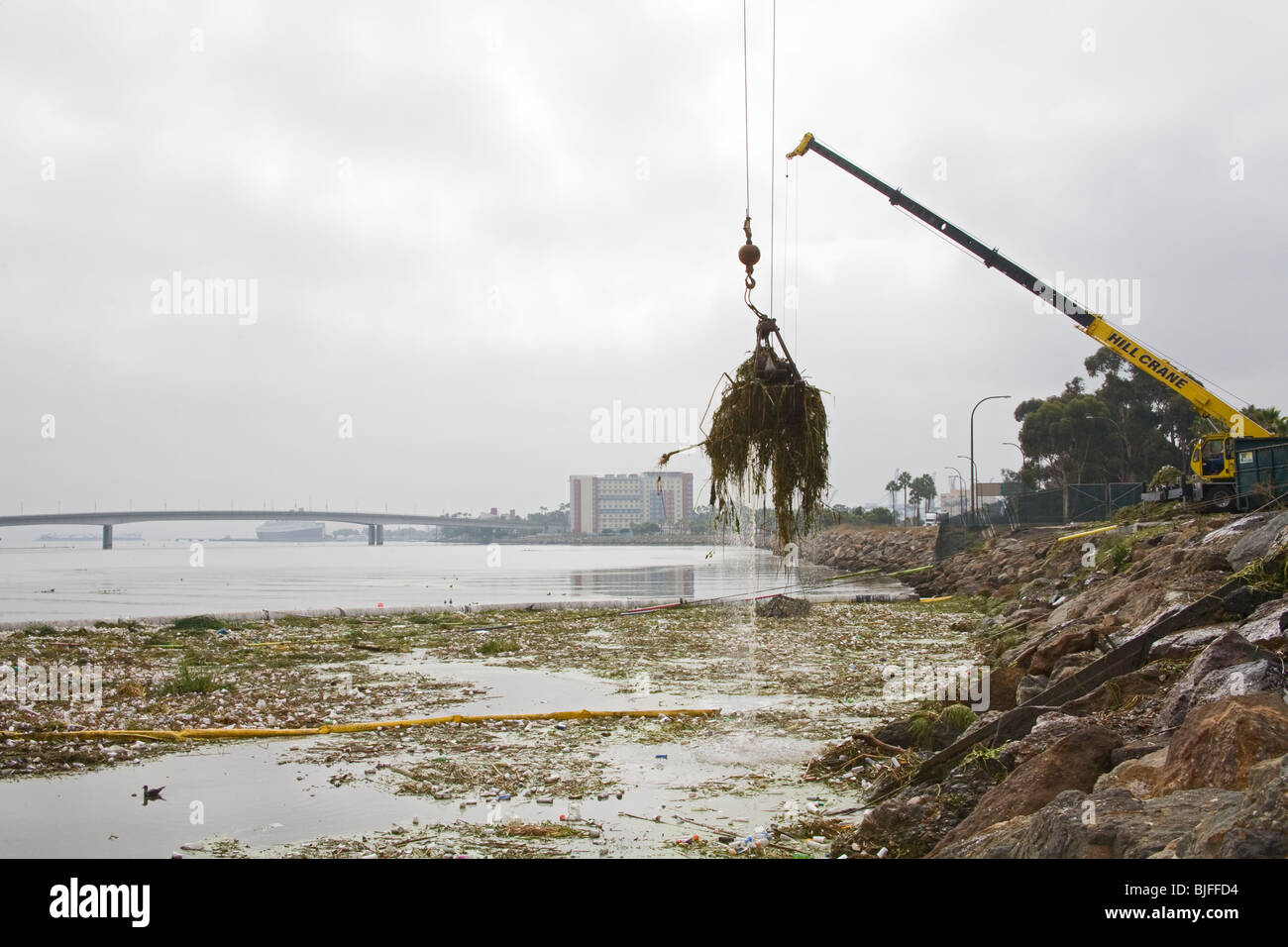 Cranes picking up garbage debris after first rain of the season from Garbage boom on the Los Angeles River in Long Beach Stock Photo
