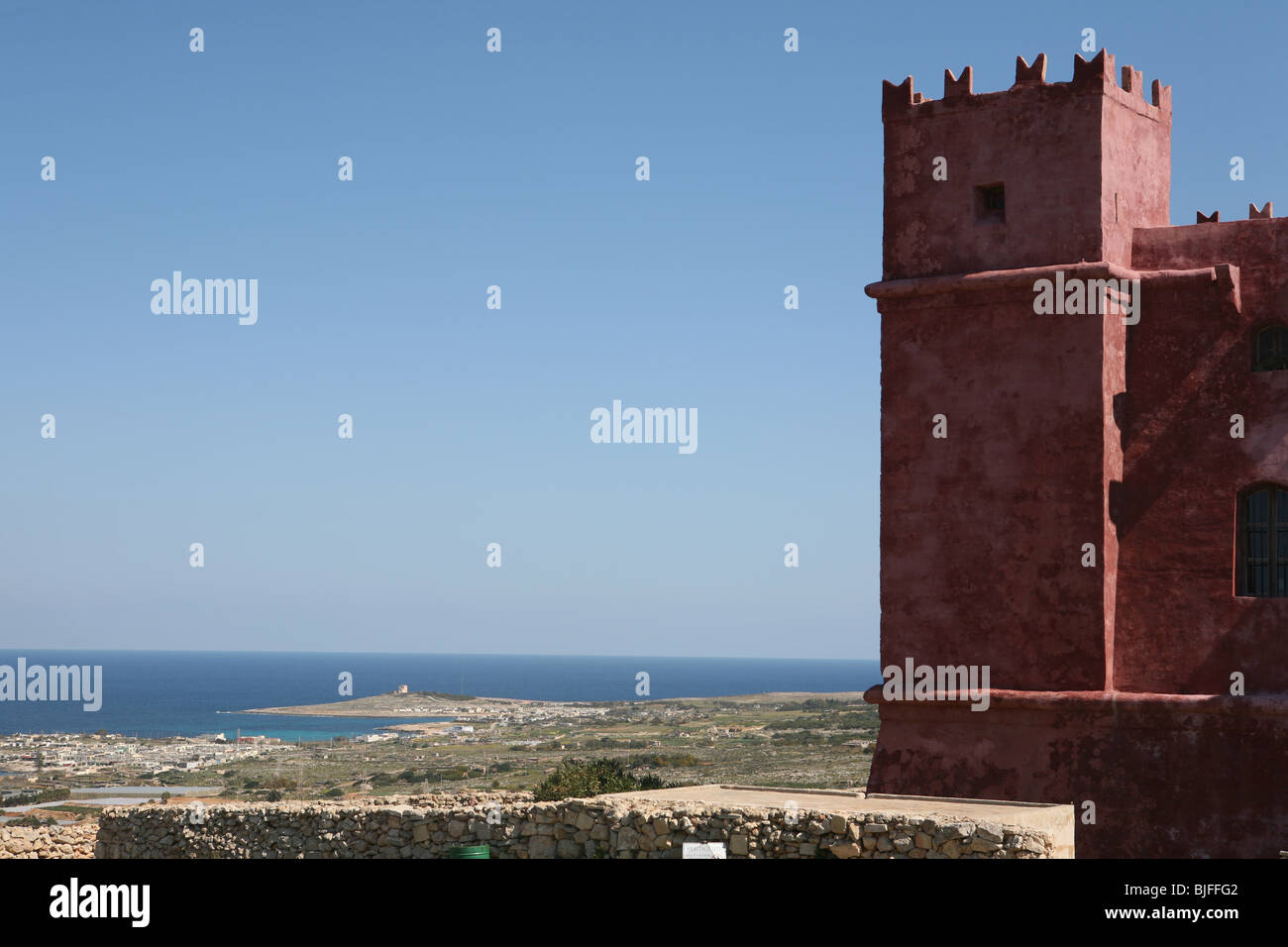 The Red tower on Marfa Ridge near Cirkewwa on Malta  - the island  in the Mediterranean Stock Photo