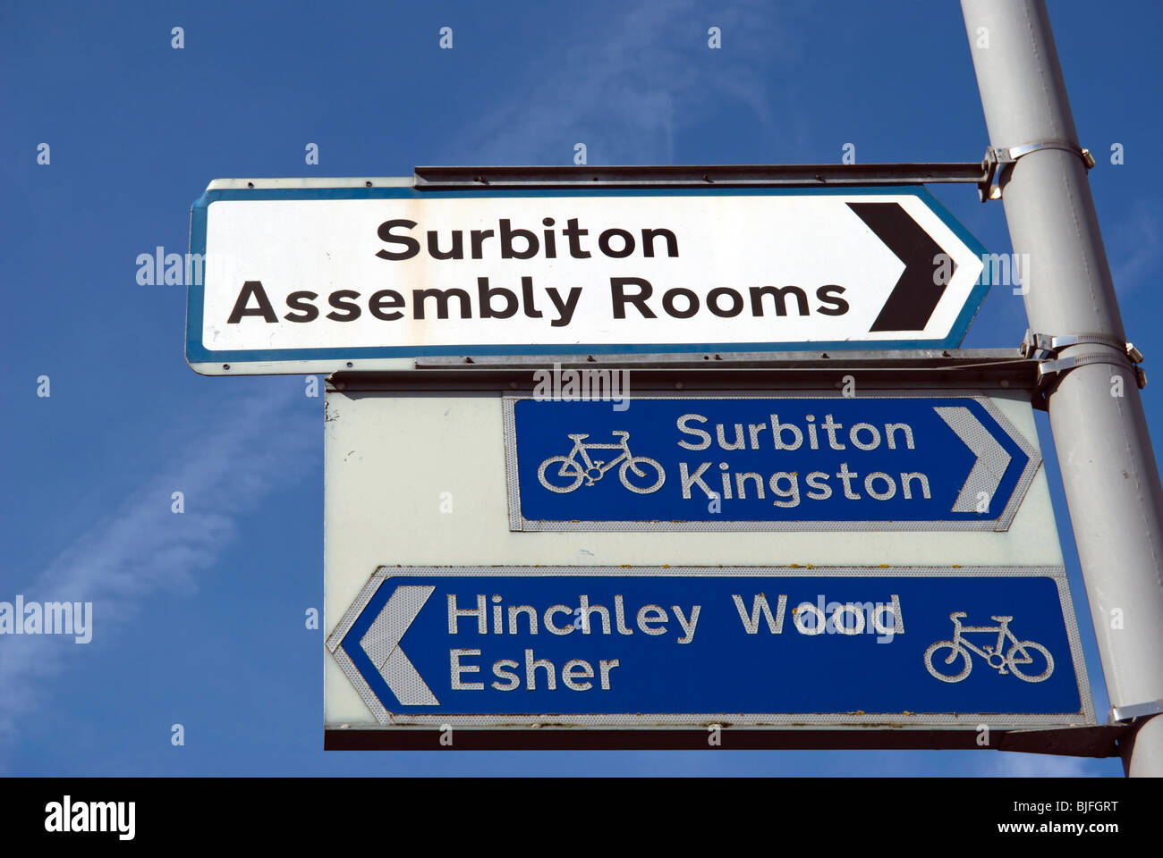 signs giving directions to surbiton assembly rooms, hinchley wood,  esher and kingston, in surbition, surrey, england Stock Photo