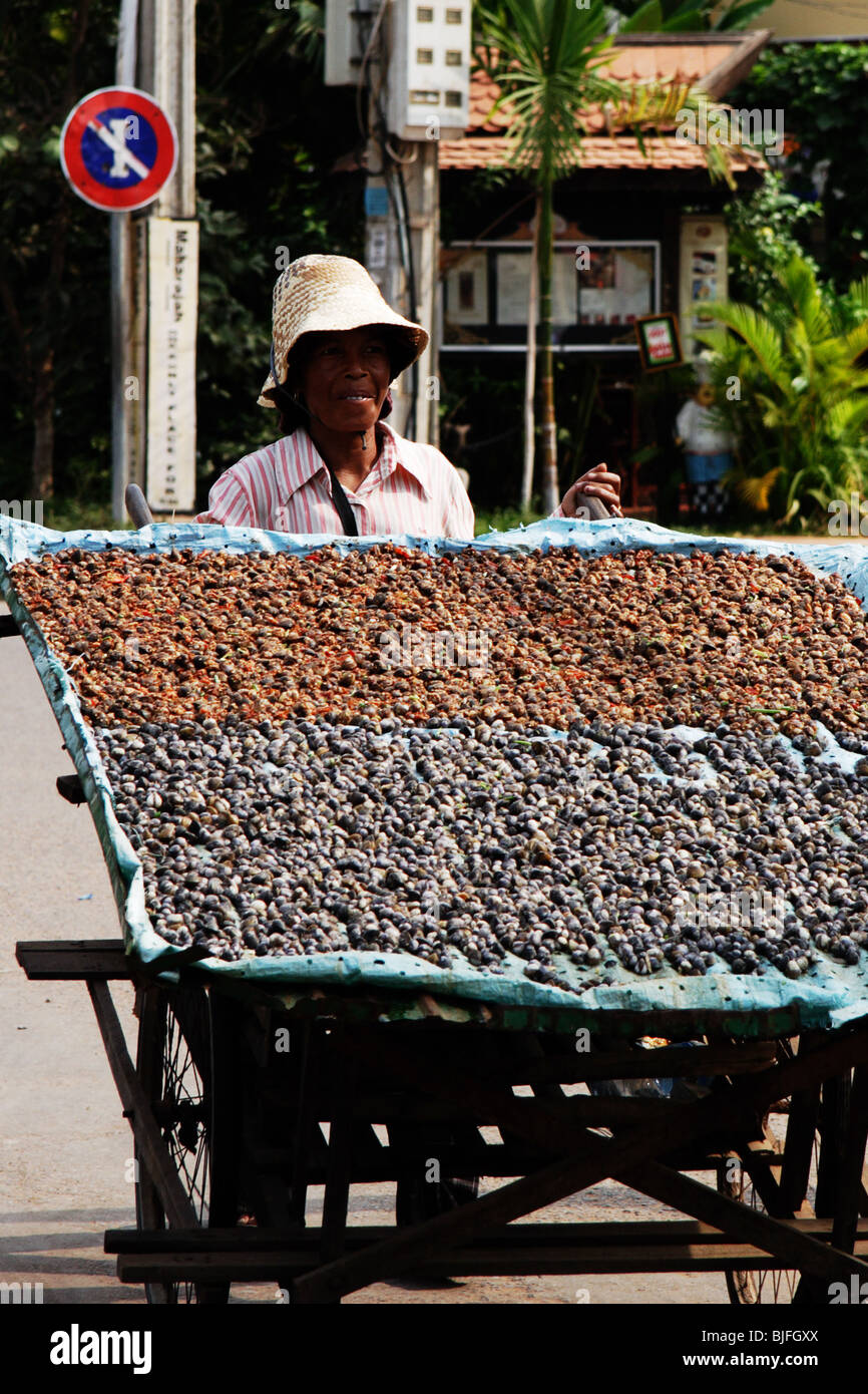 Street vendor selling river snails in Siem Reap, Cambodia Stock Photo