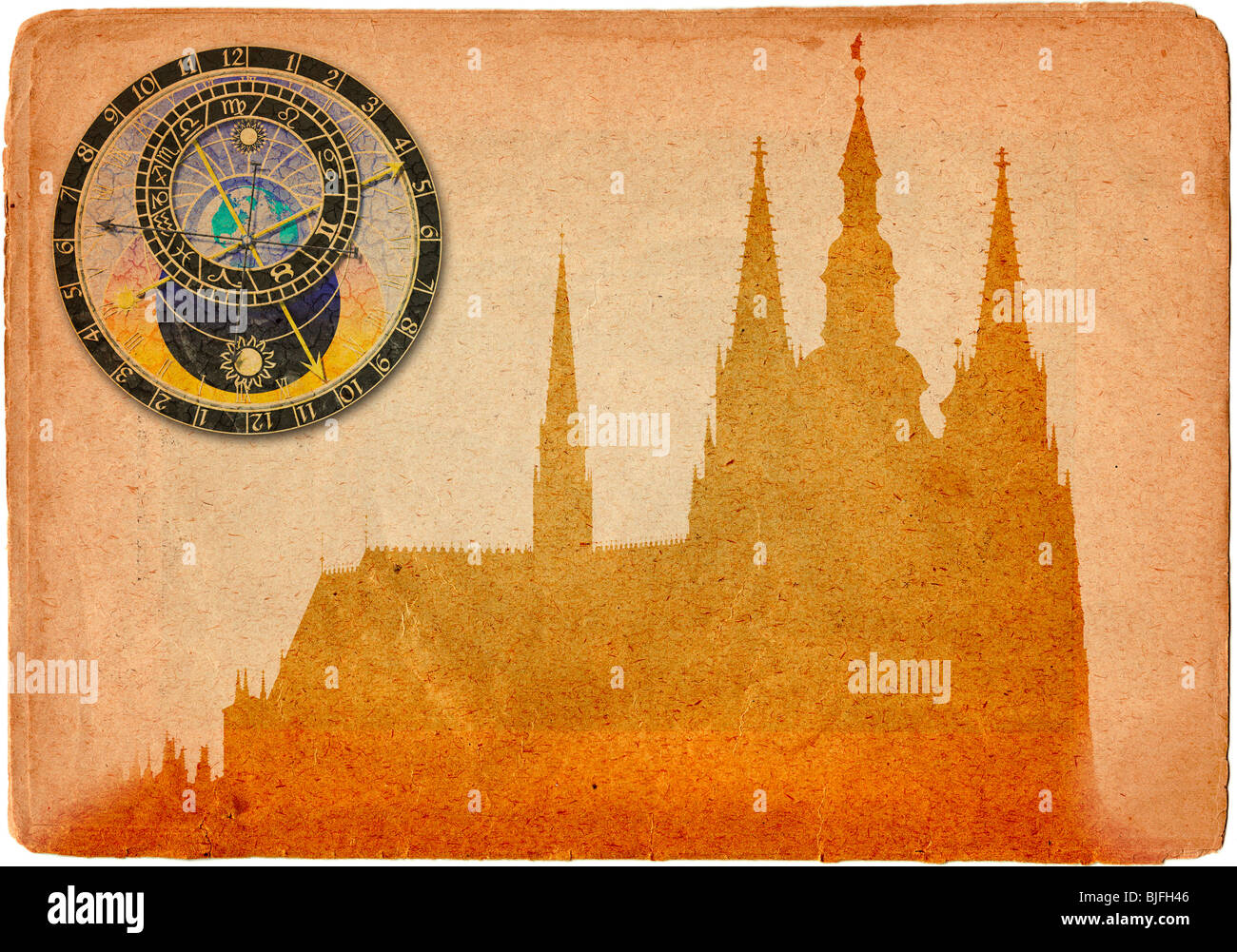 Prague castle and Cathedral of St Vitus with astronomical clock in grunge style Stock Photo