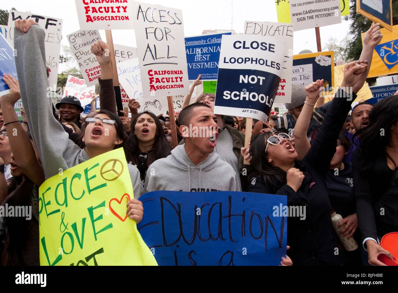March on March, More than 5,000 college students demonstrate against budget cuts at the state capitol in Sacramento, CA. Stock Photo