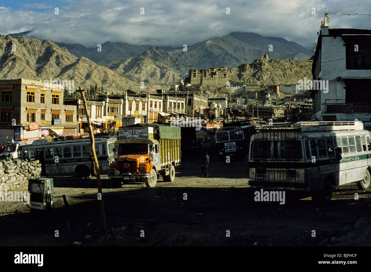 Northern India. Leh is the capital of Ladakh. The Bus Station. Stock Photo