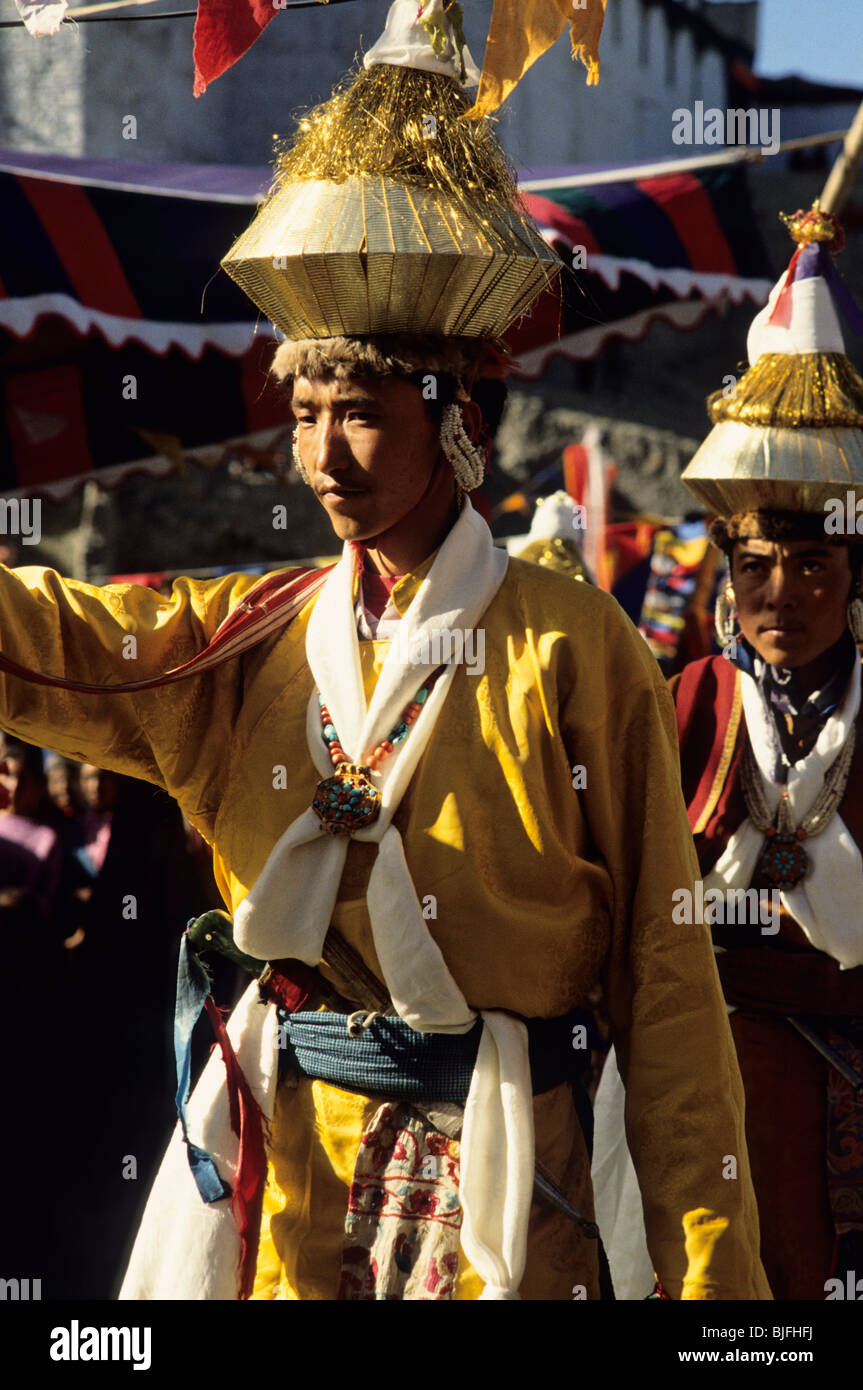 Northern India, Ladakh. Dancers in traditional clothing on a celebration in Stok. Stock Photo
