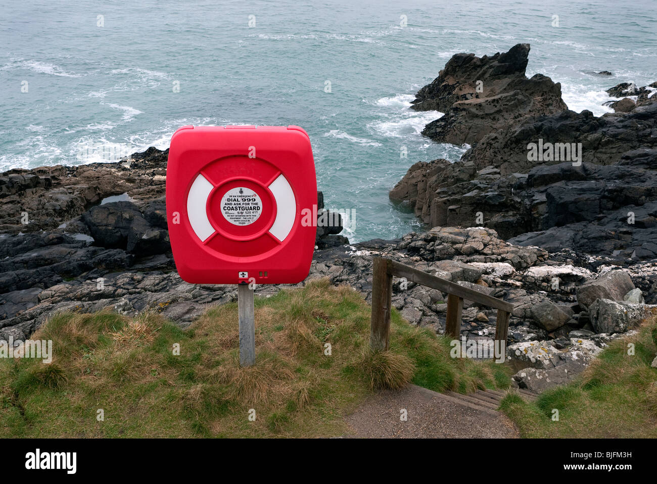 Emergency Equipment on the Cornish coastal path near St Ives Cornwall England. Stock Photo