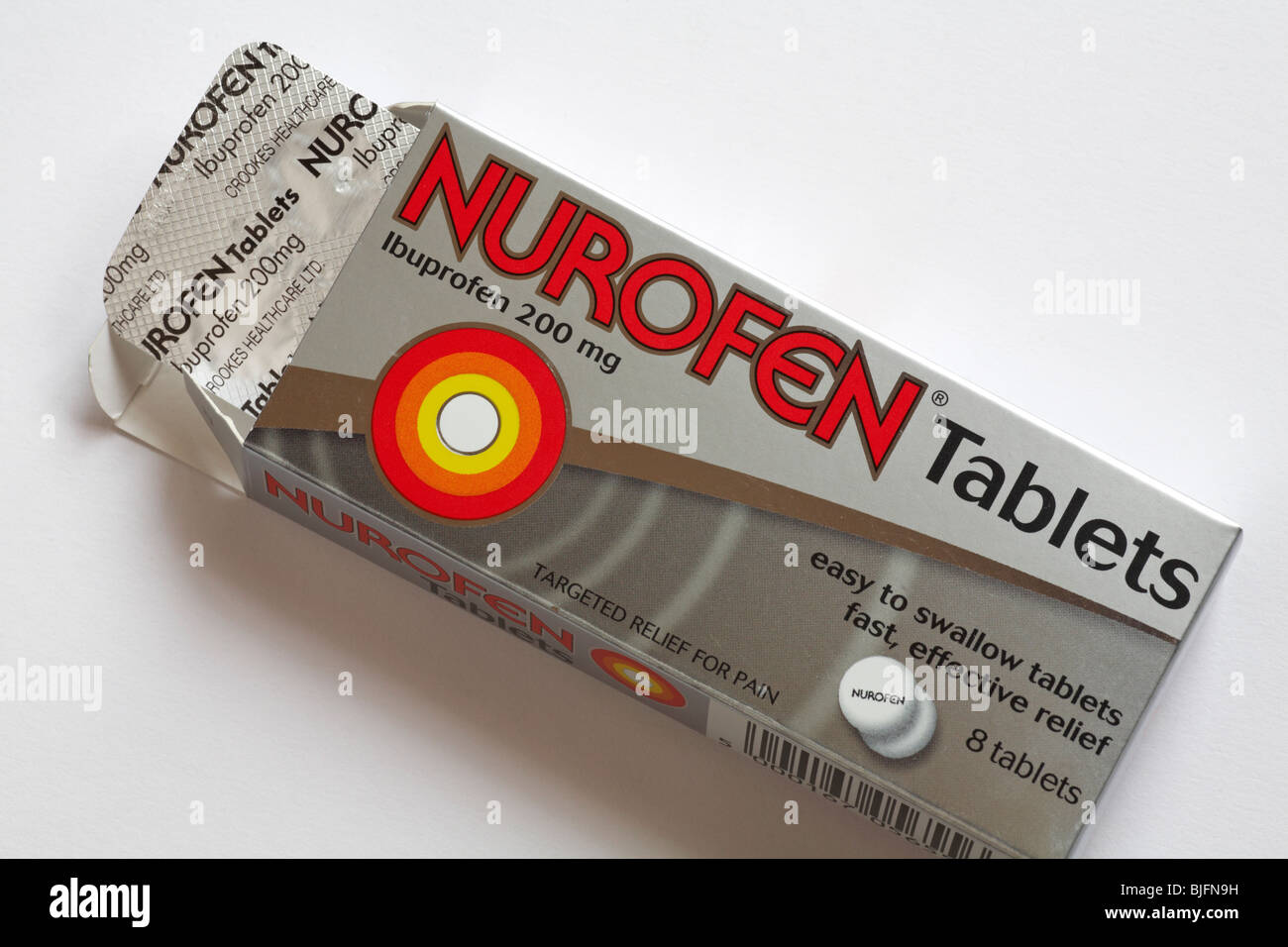 Box of Nurofen Tablets opened to show foil insert set on white ...