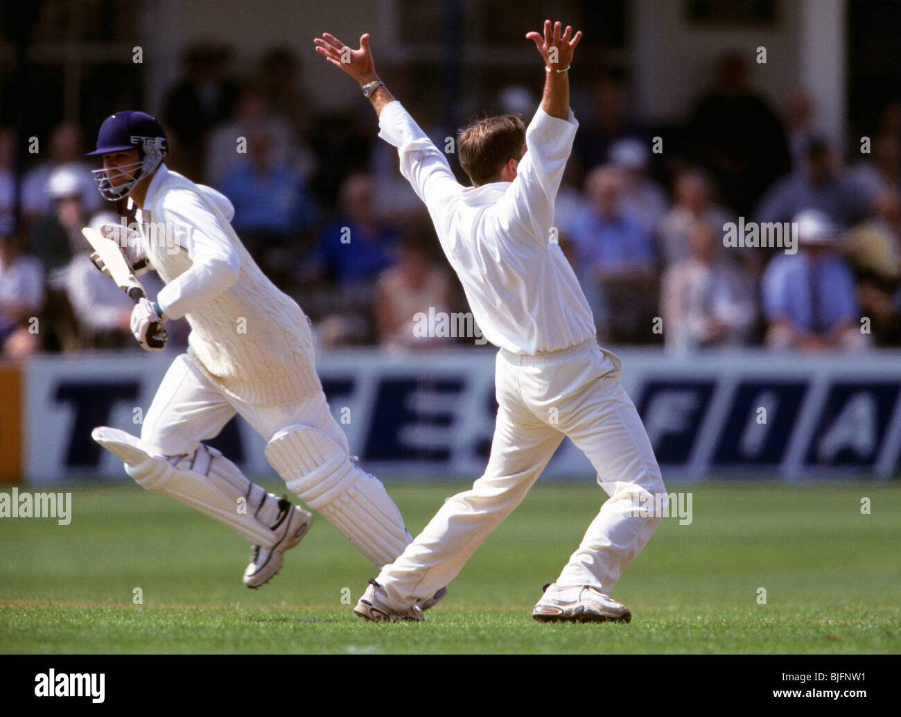 Cricketer celebrating whilst player runs Stock Photo