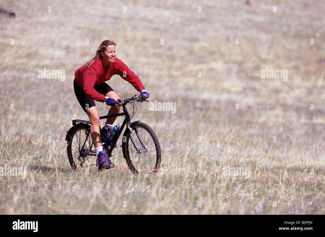 Woman Cycling Through Grass Field High Resolution Stock Photography and ...
