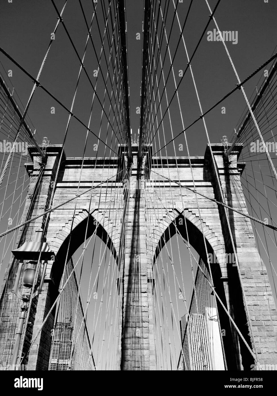 Black and White Study of Brooklyn Bridge Arches and Cables - New York - September 2009 Stock Photo