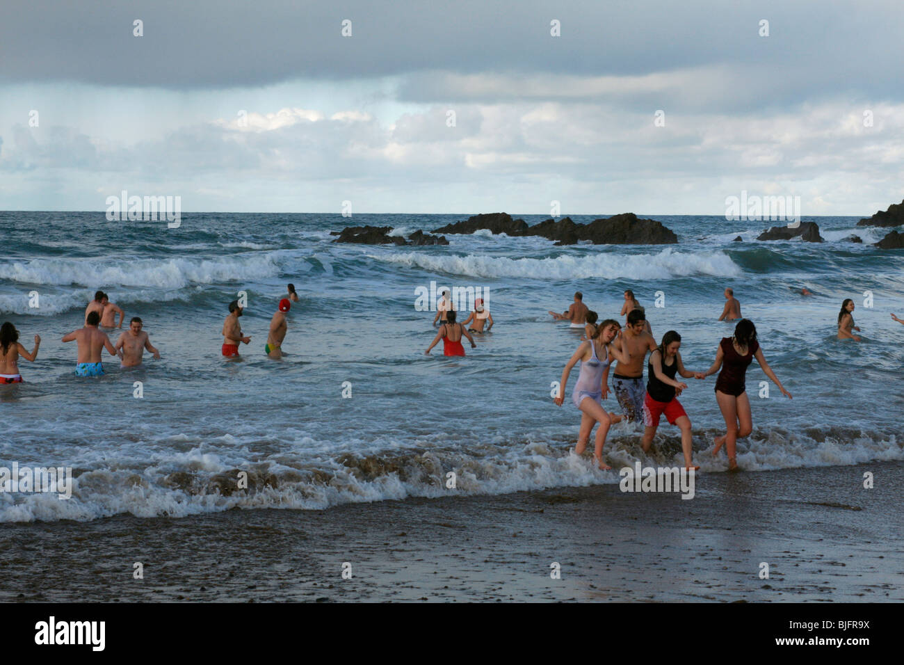 Christmas Day Swim at Crooklets Beach, Bude, Cornwall. Stock Photo