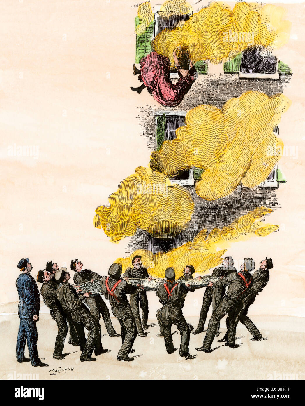 Fire victim jumping from a burning building into firemen's