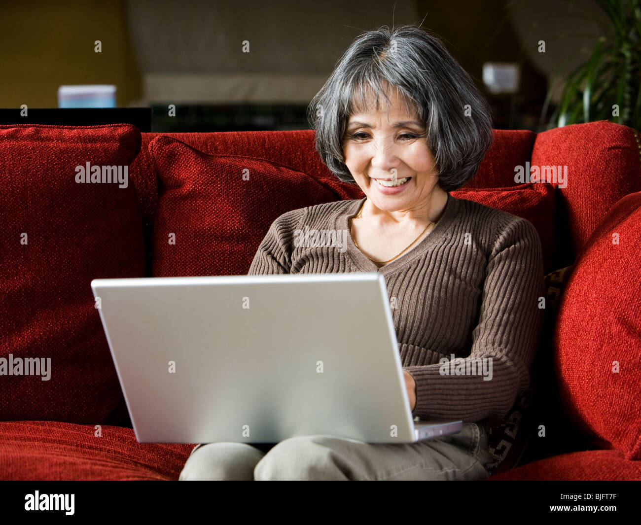 senior woman using a laptop Stock Photo