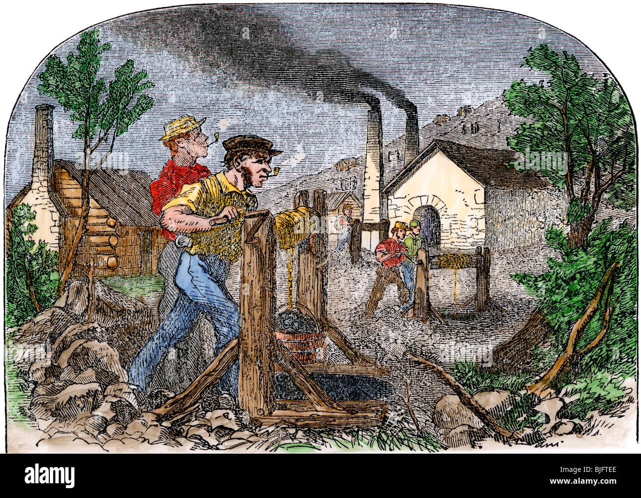 Extracting lead ore in Granby, Missouri, 1800s. Hand-colored woodcut ...