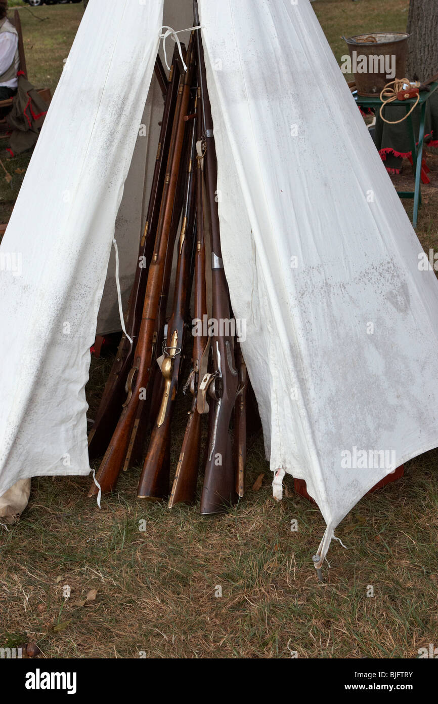 A weapons stockpile at the War of 1812 encampment, Riversdale Mansion, Riverdale, Maryland. Stock Photo