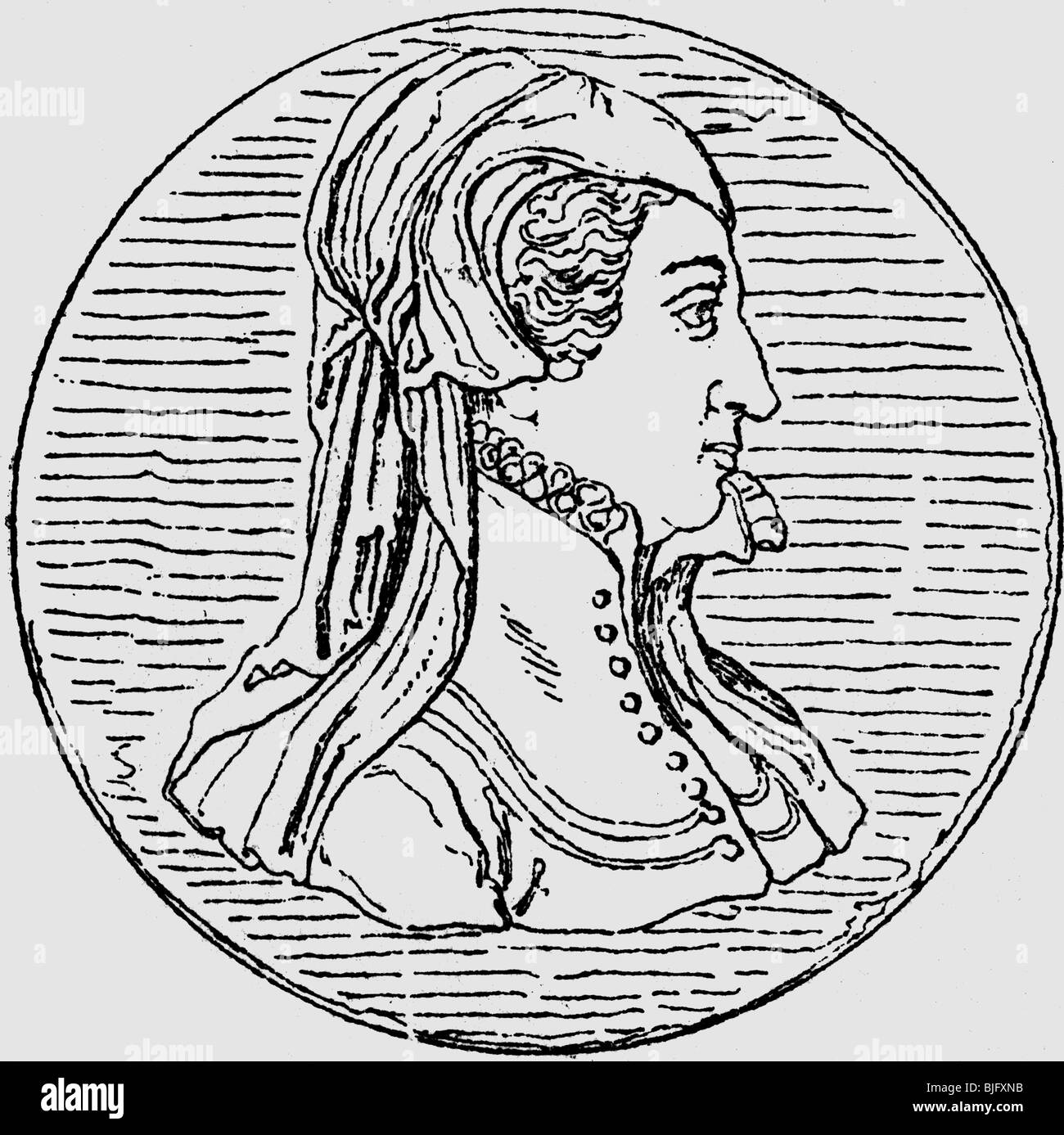 Catherine di Medici, 13.4.1519 - 5.1.1589, Queen Consort of France 31.3.1547 - 10.7.1559, portrait, side view, wood engraving after coin, 19th century, , Stock Photo