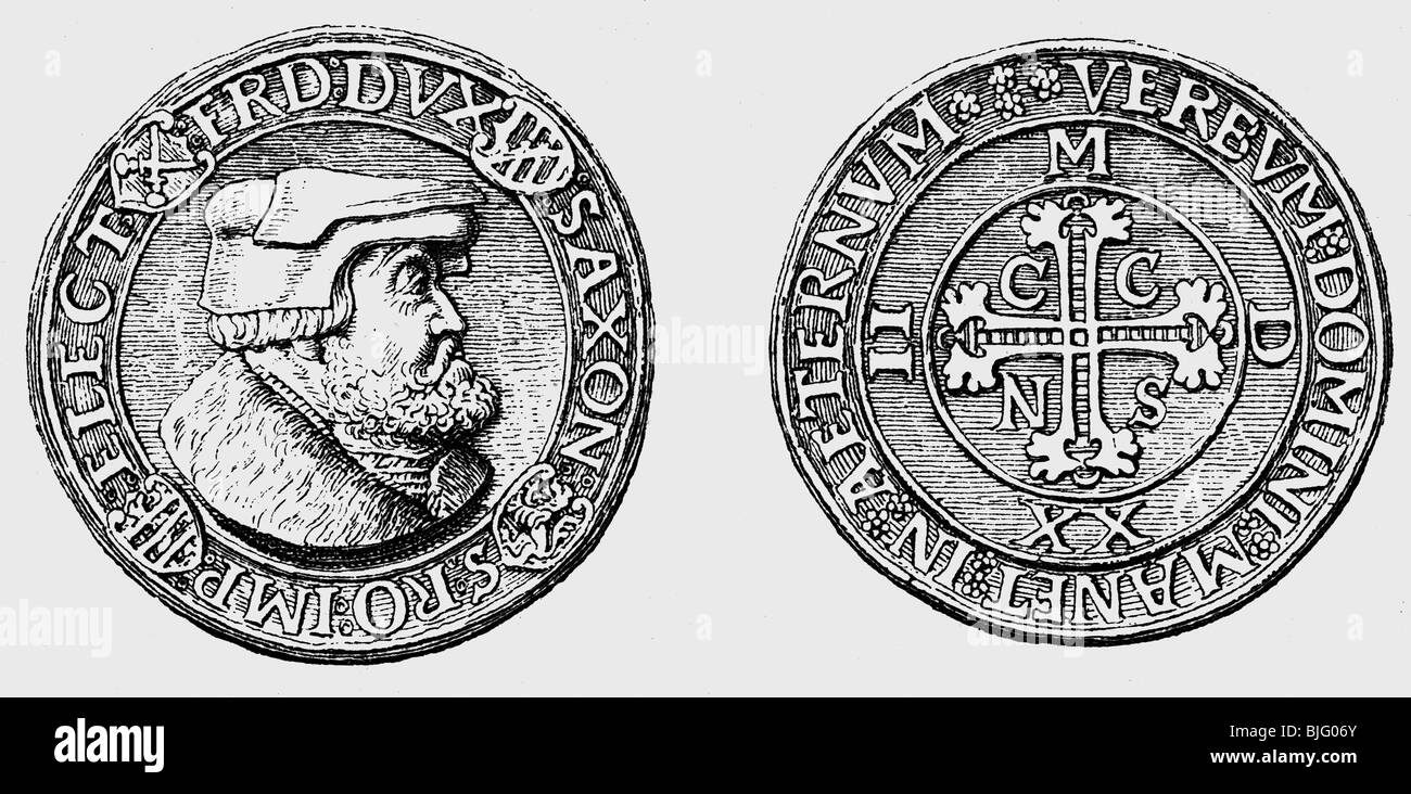 Frederick III 'the Wise', 17.1.1486 - 5.5.1525, Elector of Saxony 26.8.1486 - 5.5.1525, portrait, coin, silver Thaler, front and back, wood engraving, 19th century,  , Stock Photo