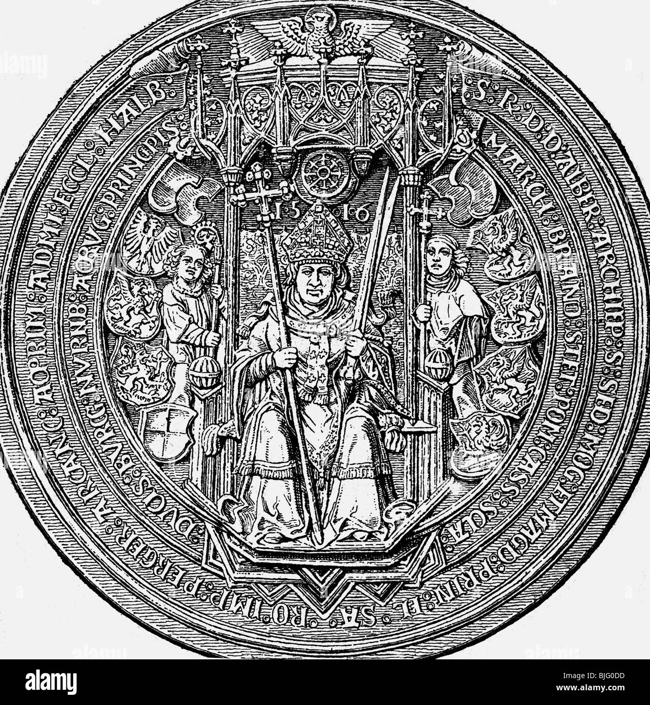 Albert of Brandenburg, 28.6.1490 - 24.9.1545, Archbishop of Mainz 9.3.1514 - 24.9.1545, full length, seal, wood engraving, 19th century, , Stock Photo