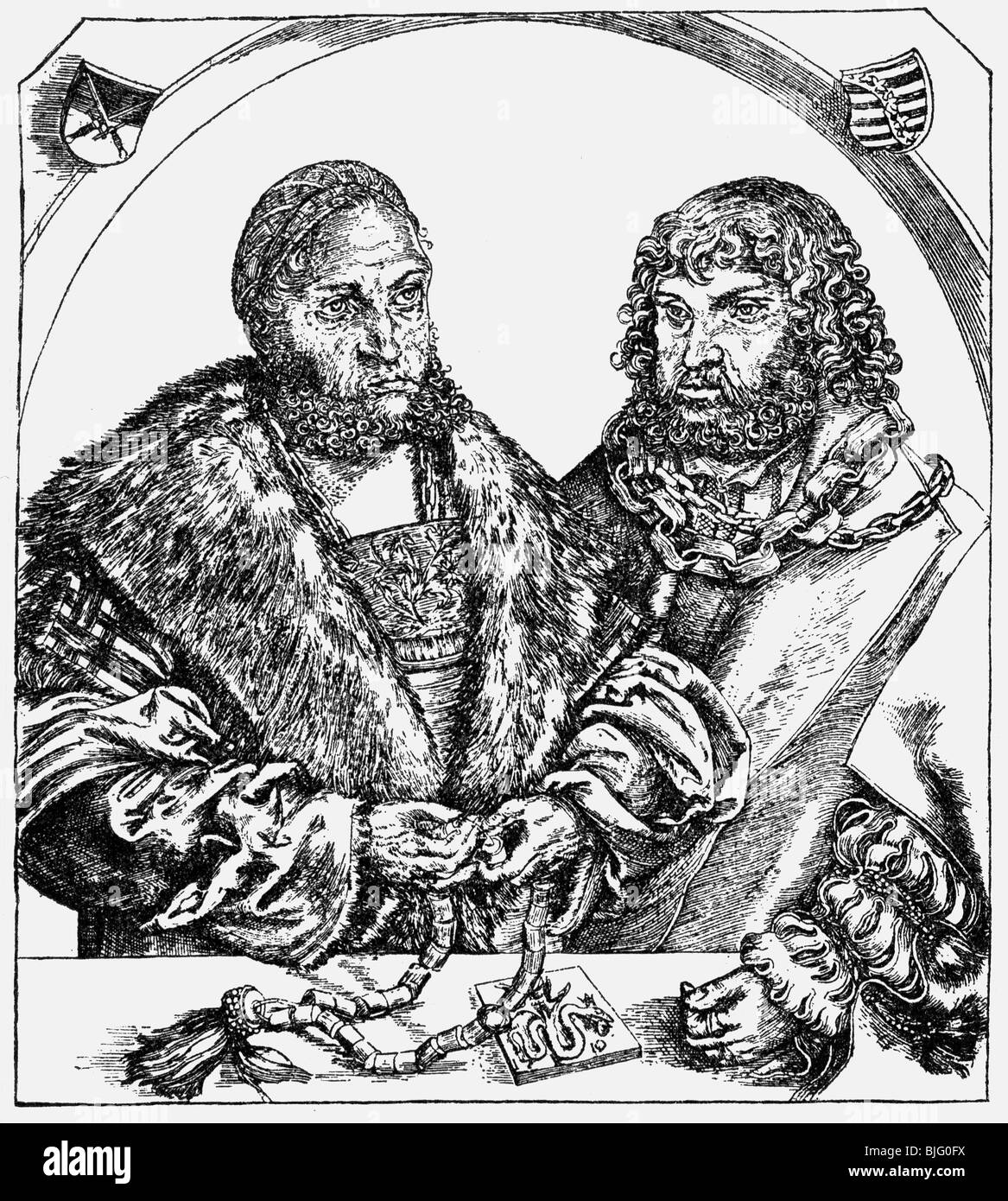 Frederick III 'the Wise', 17.1.1486 - 5.5.1525, Elector of Saxony 26.8.1486 - 5.5.1525, half length, with his brother John, woodcut by Lucas Cranach the Elder, 16th century,  , Stock Photo