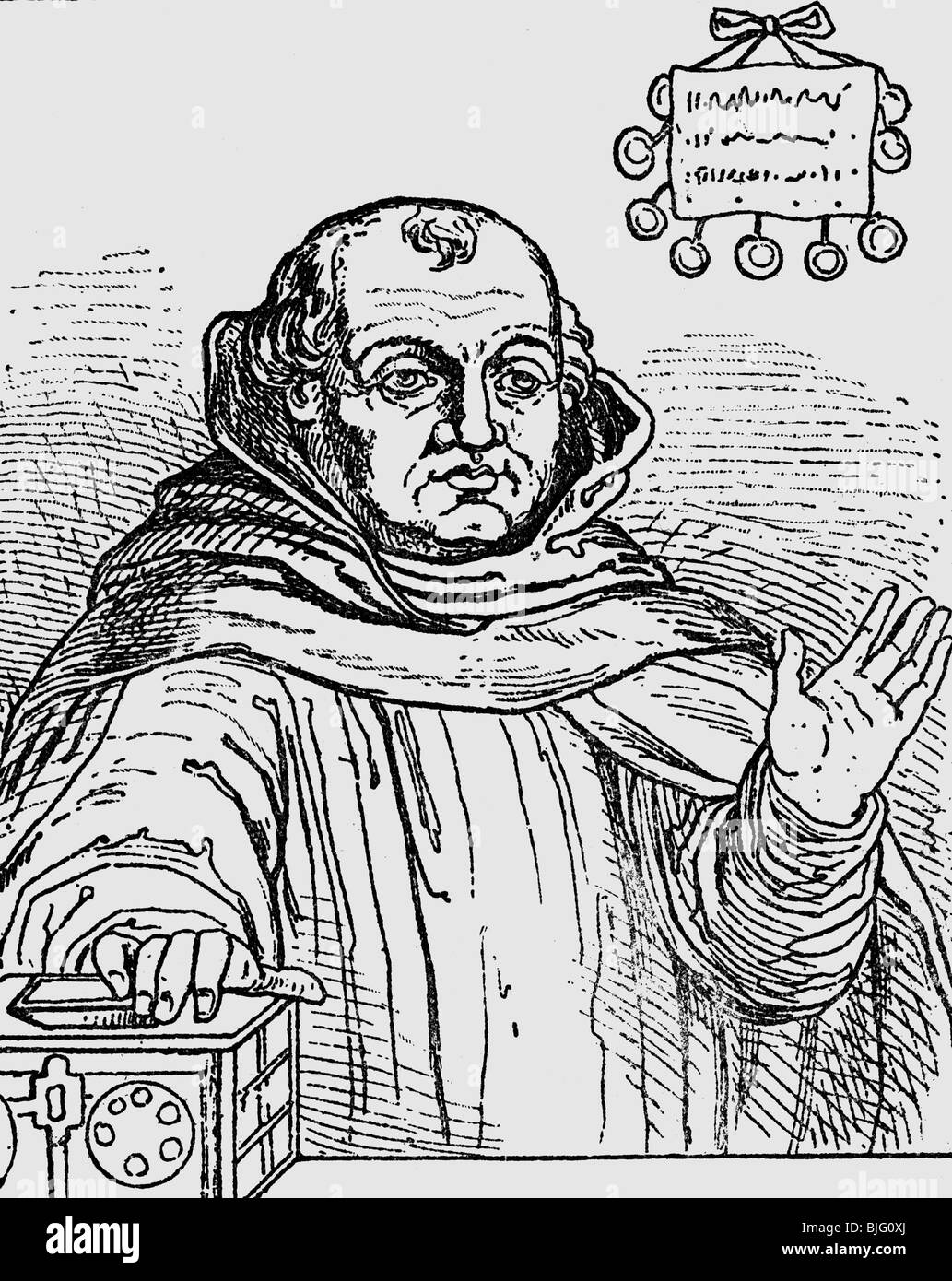 Tetzel, Johannes, circa 1564 - 11.8.1519, German monk and preacher, half length, wood engraving, 1884, , Stock Photo