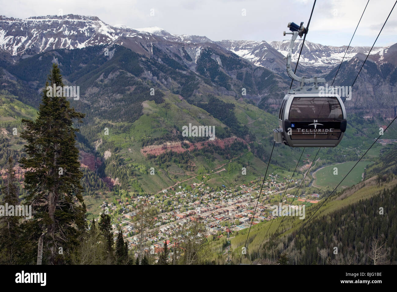The Gondola rises from Telluride which sits in a box canyon in southwestern Colorado. Stock Photo