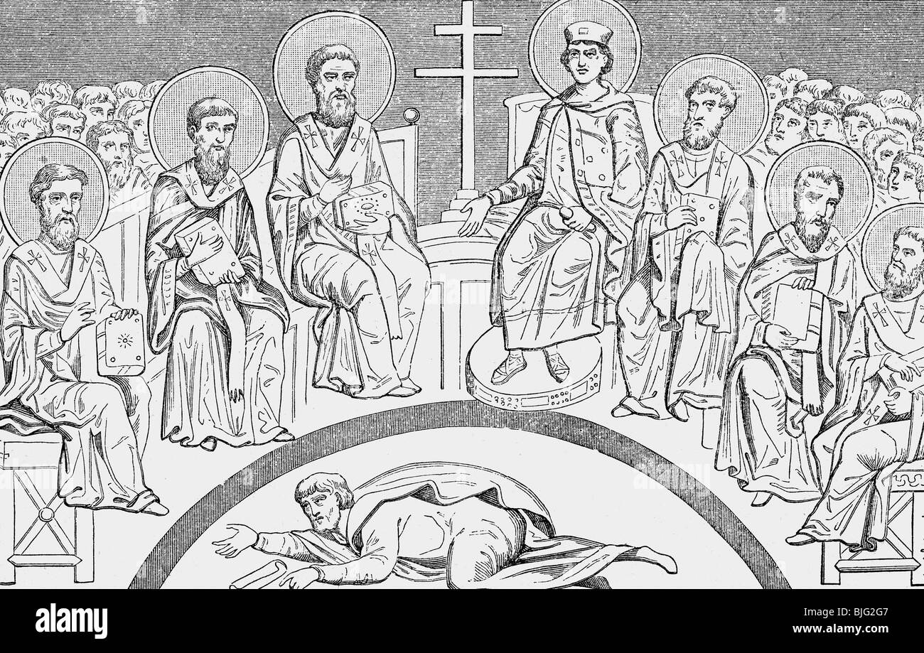 religion, christianity, councils, Second Council of Nicaea, 787, session presided by Empress Irene, wood engraving, 19th century Stock Photo