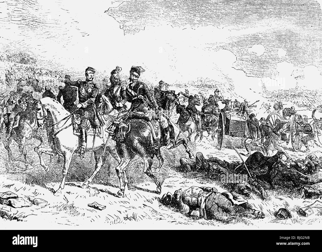 events, Franco-Prussia War 1870 - 1871, Battle of Woerth, 6.8.1870, French marshal Patrice de MacMahon and his staff, wood engraving, 19th century, Franco - Prussian, France, Alsace, Froeschwiller, French Army of the Rhine, officers, historic, historical, people, Stock Photo