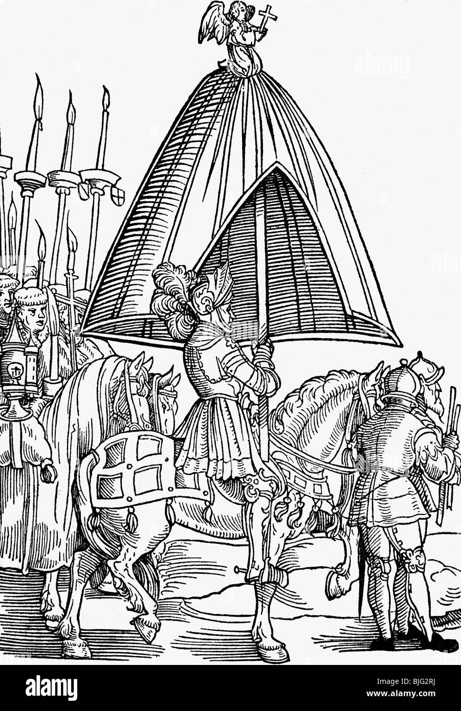 religion, christianity, councils, Council of Constance, 1414 - 1417, procession, knight with canopy, woodcut by Joerg Breu the Elder, chronicles of Ulrich von Richental, printed by Steyner, Ausgburg, 1536, middle ages, Germany, 15th century, historic, historical, Jorg, Jörg, medieval, people, Stock Photo