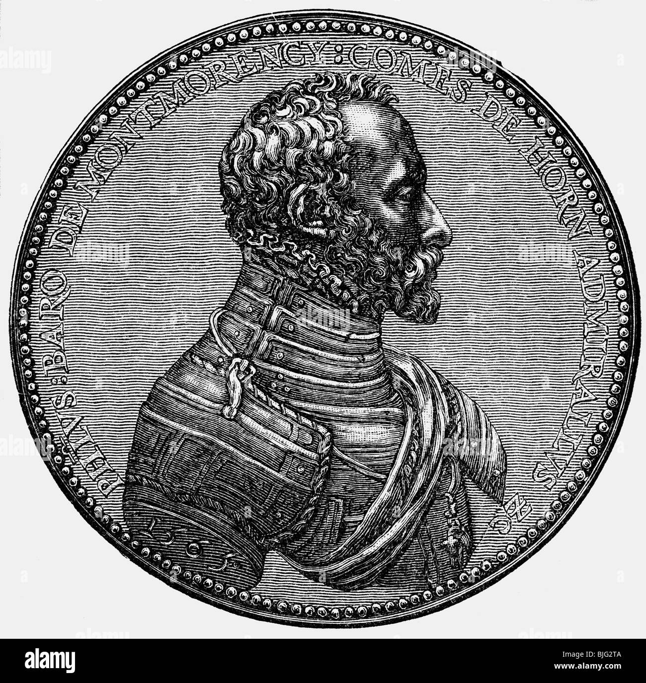 Montmorency, Philip of, count of Hoorn, 1526 - 5.6.1568, Dutch admiral, Stadtholder of Guelders 1555 - 1568, portrait on coin, wood engraving, 19th century, , Stock Photo
