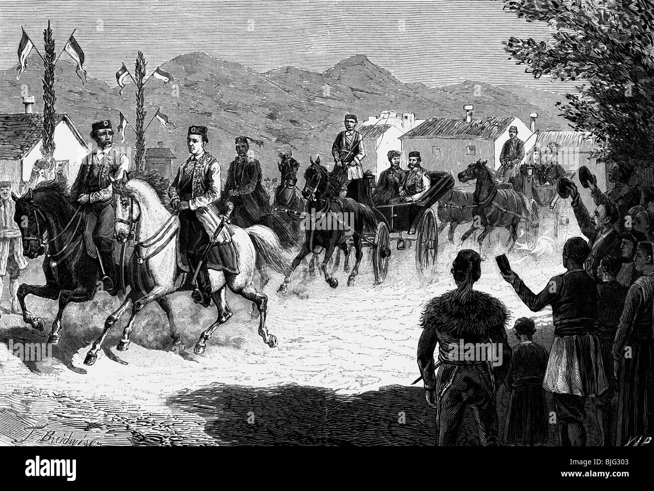 Rudolf, 21.8.1858 - 30.1.1889, Crown Prince of Austria-Hungary, journey to the Orient 1884, ride through Cetinje, Montenegro, wood engraving after drawing by F. Schlegel, 1884, , Stock Photo