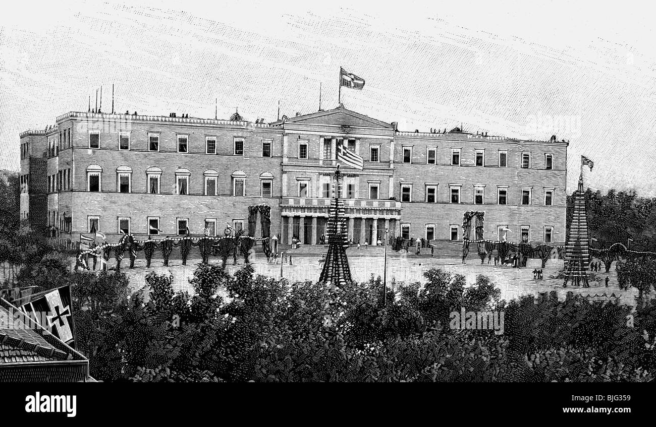 geography / travel, Greece, Athens, Royal Residence, exterior view, wood engraving, 19th century, architecture, building, Syntagma Square, palace, Southern Europa, Balkans, historic, historical, people, Stock Photo
