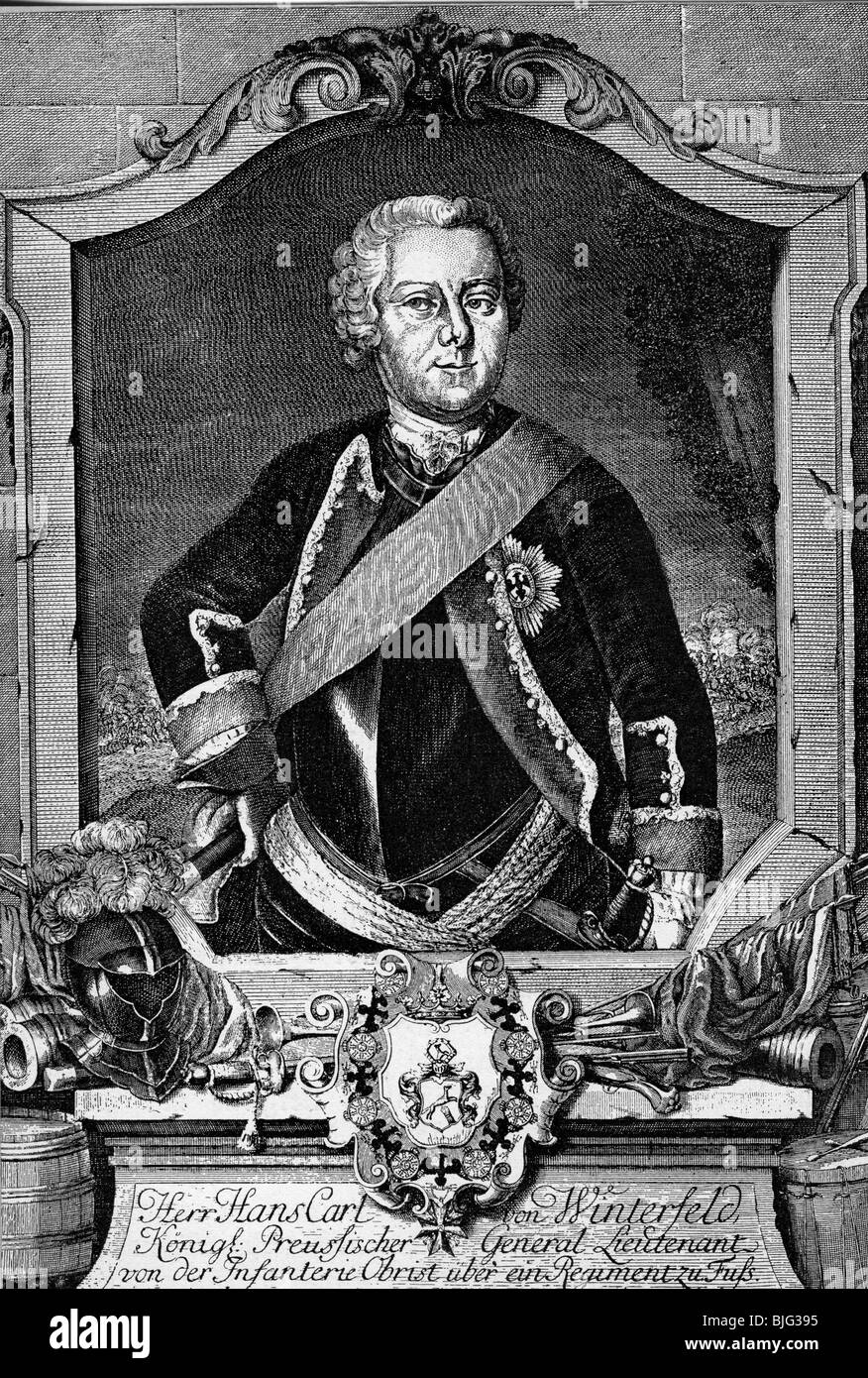 Winterfeldt, Hans Karl von, 4.4.1707 - 8.9.1757, Prussian general, copper engraving by Glassbach, 18th century, , Artist's Copyright has not to be cleared Stock Photo