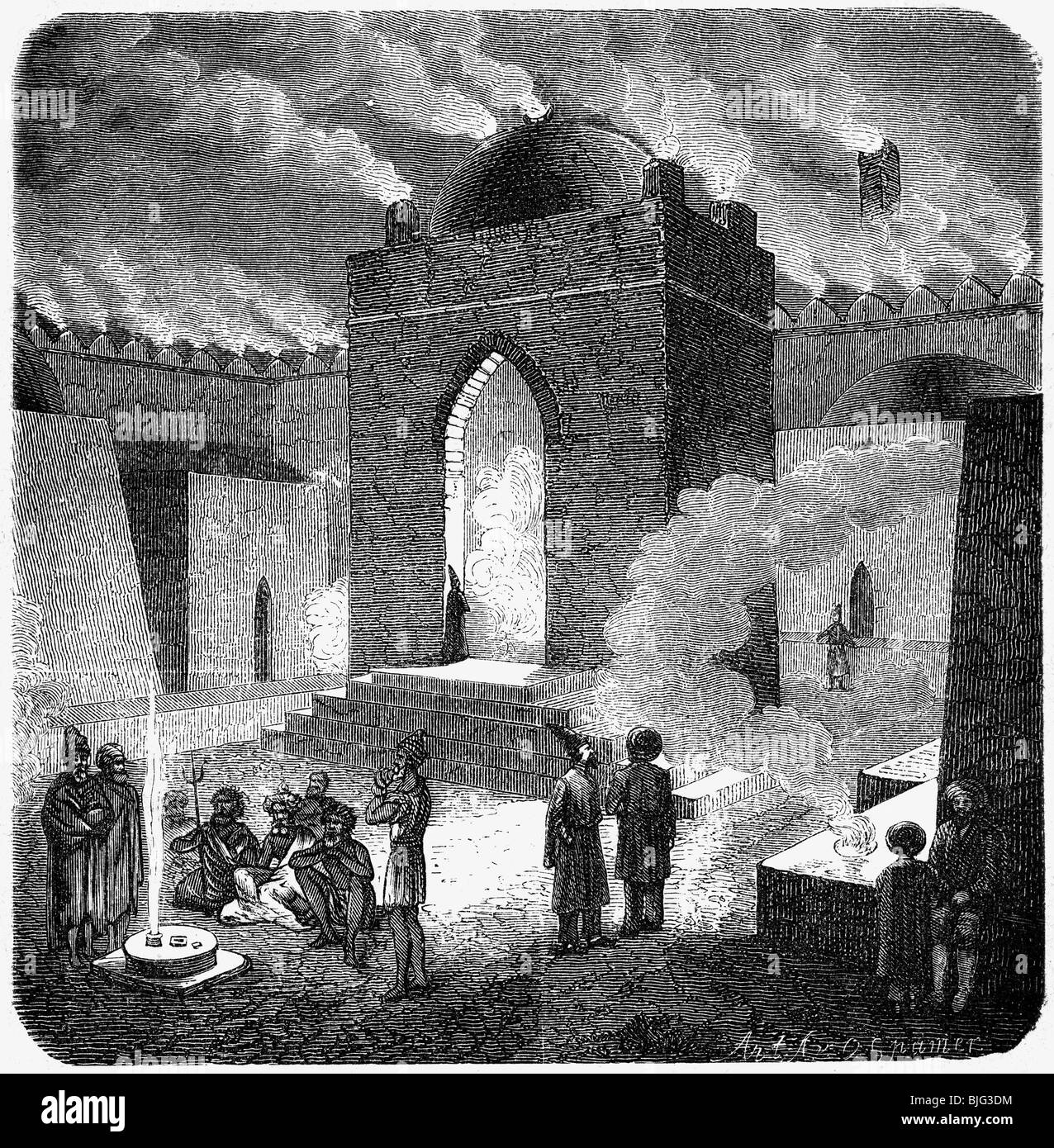 geography / travel, Azerbaijan, Baku, buildings, fire temple, illustration, wood engraving, circa 1870, Stock Photo