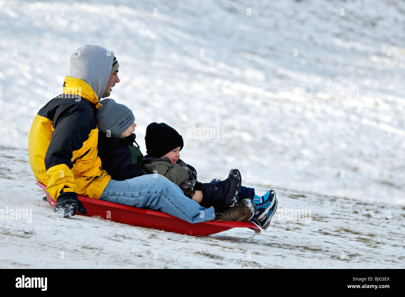 Father with Two Young Boys on Sled in Cherokee Park in Louisville, Kentucky Stock Photo