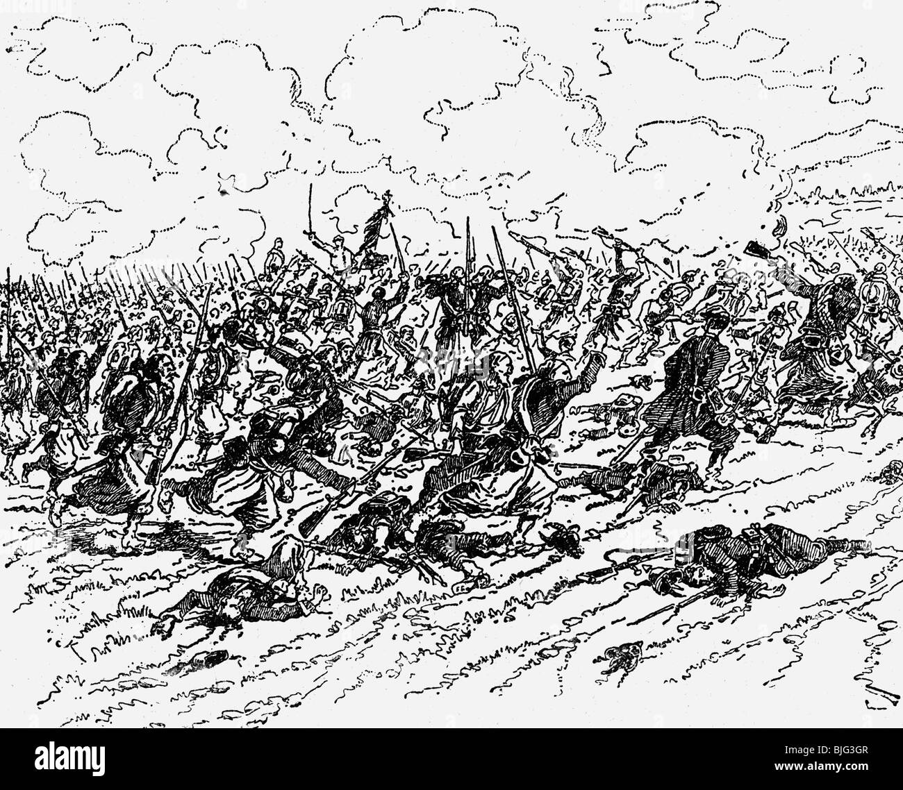 events, Franco-Prussia War 1870 - 1871, Battle of Woerth, 6.8.1870, French zouaves charging, wood engraving, 19th century, Franco - Prussian, France, Alsace, Froeschwiller, French Army of the Rhine, soldiers, colonial troops, infantry, historic, historical, people, Stock Photo