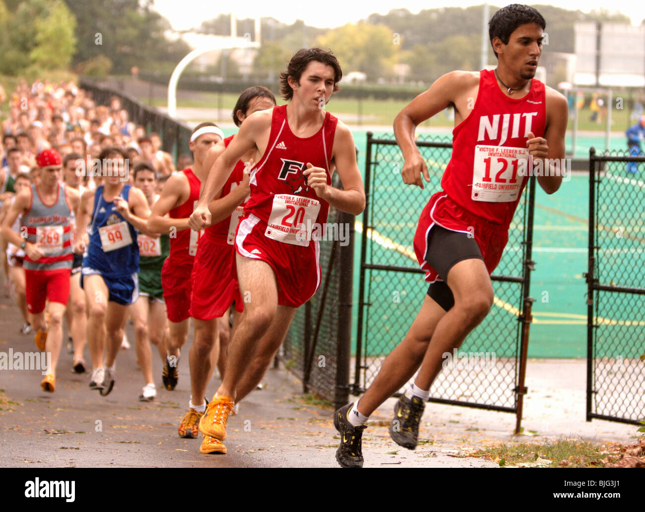 Highlander Umar Saeed of NJIT leading the pack in the men's 8k run XC, at the 32nd Annual Father Leeber S.J. Invitational, 2008. Stock Photo