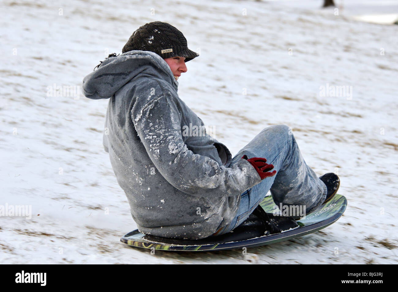 Young Woman Sledding Down Hill in Cherokee Park in Louisville, Kentucky Stock Photo Alamy