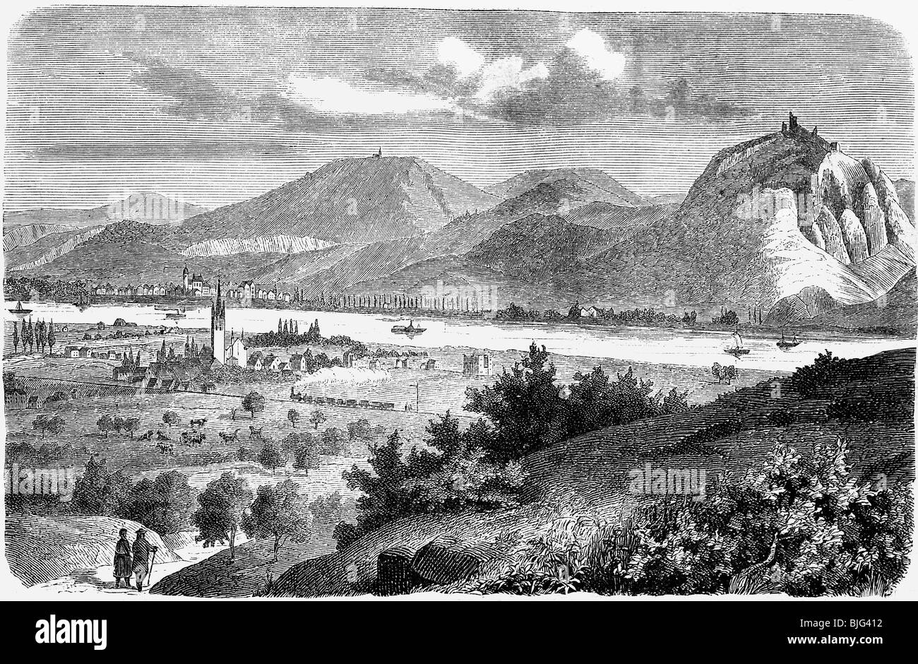 geography / travel, Germany, North Rhine-Westphalia, landscapes, view of the Siebengebirge ('Seven Mountains'), illustration, wood engraving, circa 1870, Stock Photo