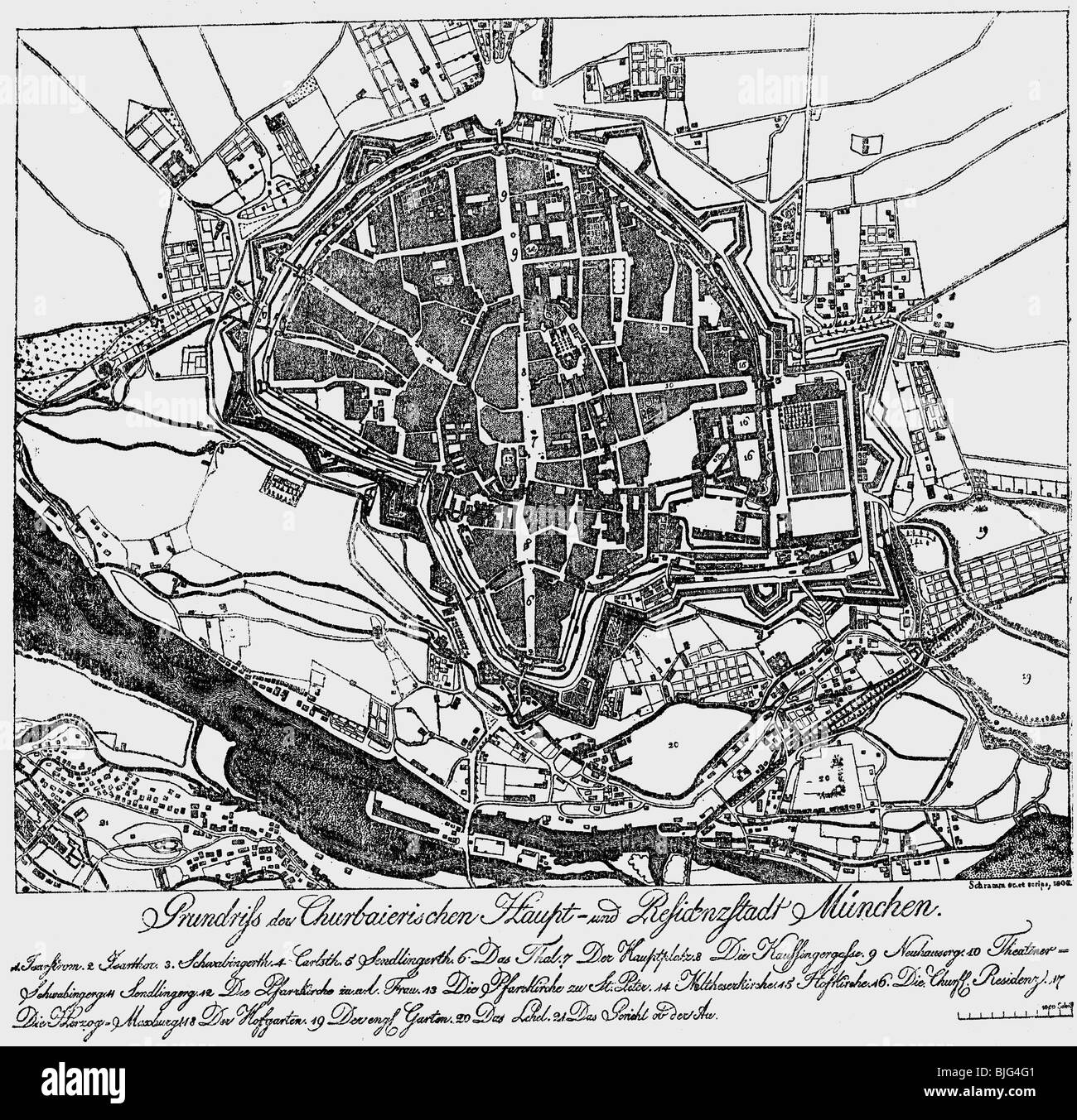 geography / travel, Germany, Munich, plan, map, etching by Schramm, 1802, Stock Photo