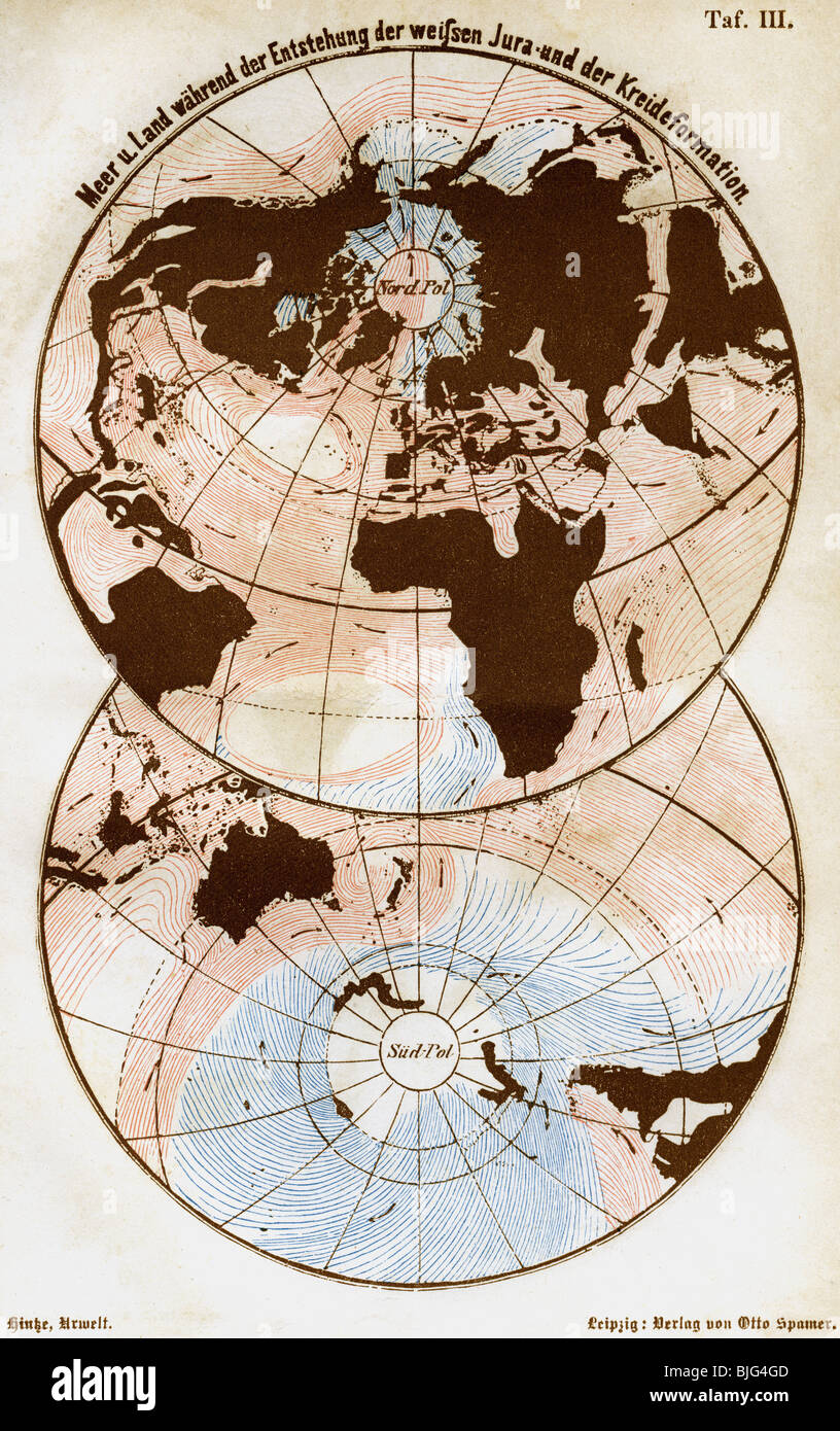 cartography, world maps, sea and land at the time of the White Jurassic and the Cretaceous formation, illustration, wood engraving, circa 1870, Stock Photo