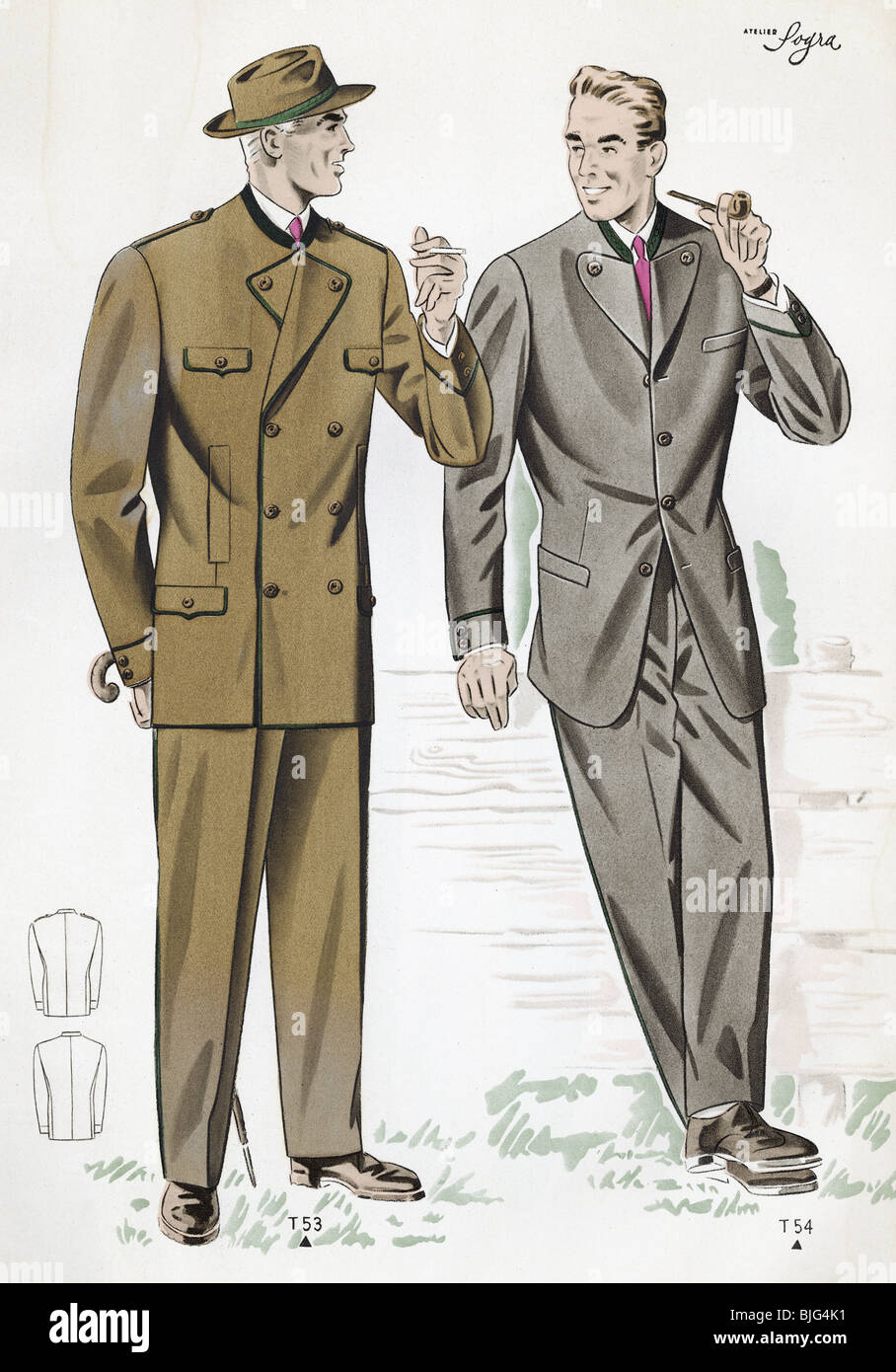 fashion, 1950s, clothes, clothing, men's fashion, two traditional suits for  men, illustration from: "Trachtenmodelle fuer Damen und Herren", No. 2,  Vienna, Austria, circa 1950 Stock Photo - Alamy
