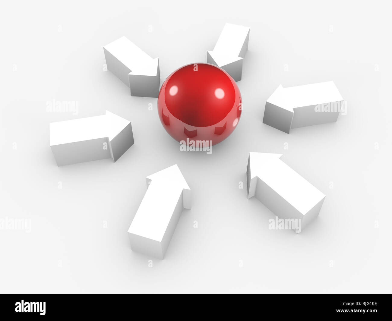 Conceptual image of red sphere and white arrows in to centre. Isolated. Stock Photo