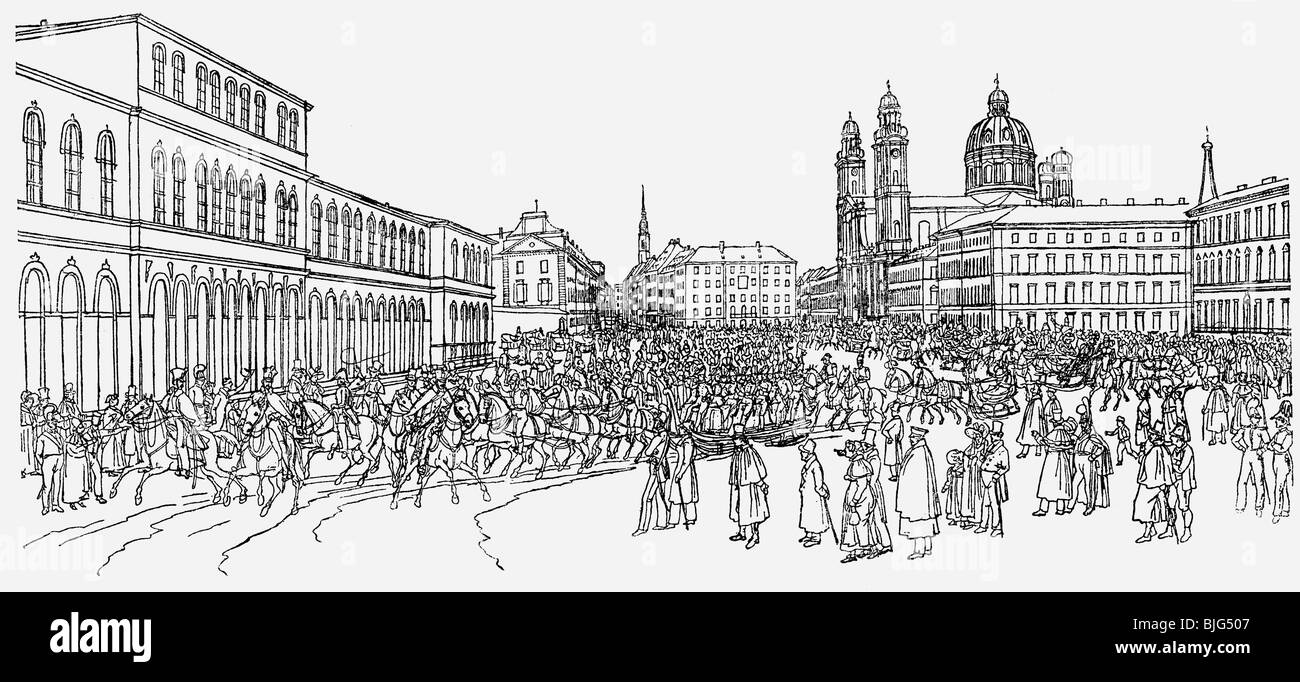 geography / travel, Germany, Munich, squares, Odeonsplatz, sledging of the royal court, pen drawing by Gustav Kraus, circa 1840, Stock Photo